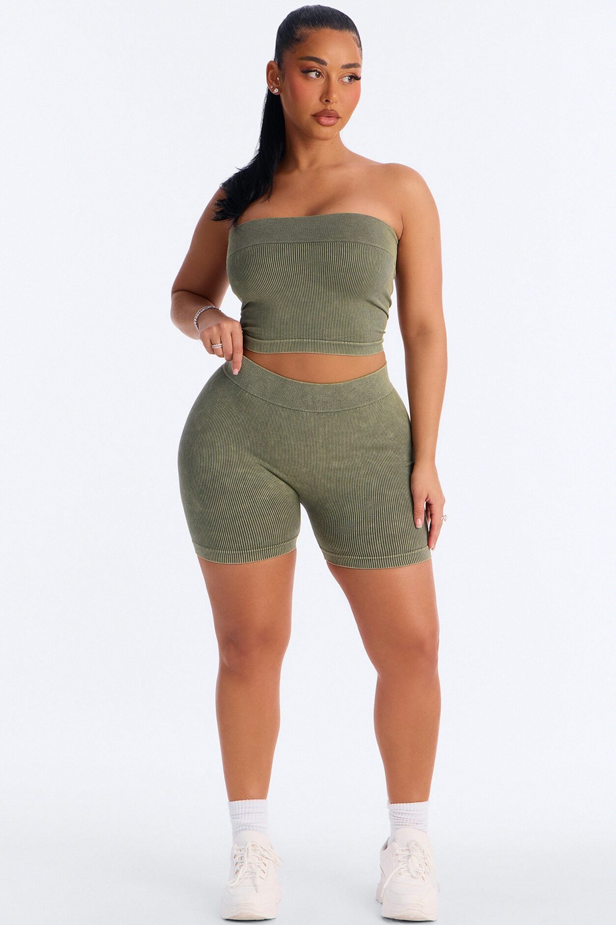 Off Duty Mineral Washed Strapless Short Set - Olive
