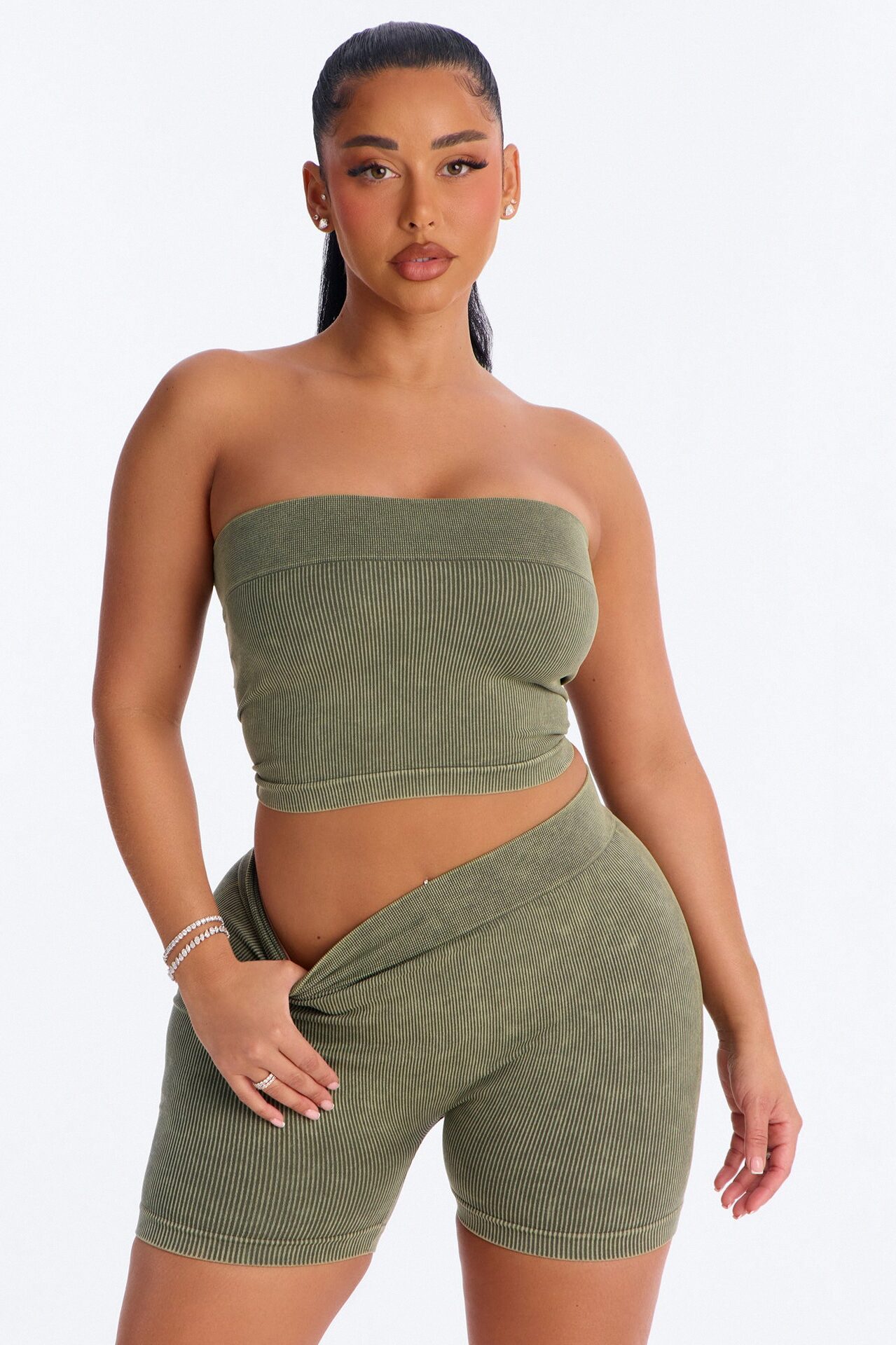 Off Duty Mineral Washed Strapless Short Set - Olive