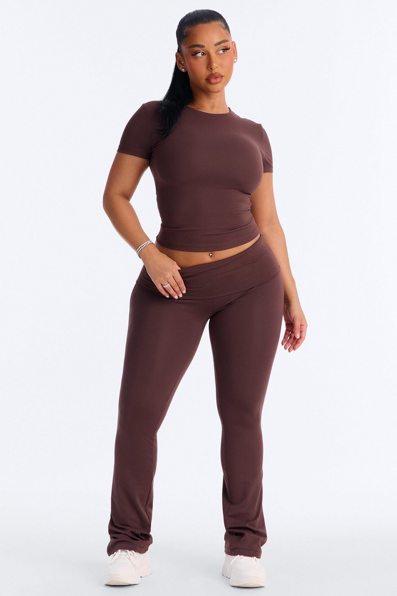Myla Tricot Lounge Fold Over Flare Pants - Chocolate