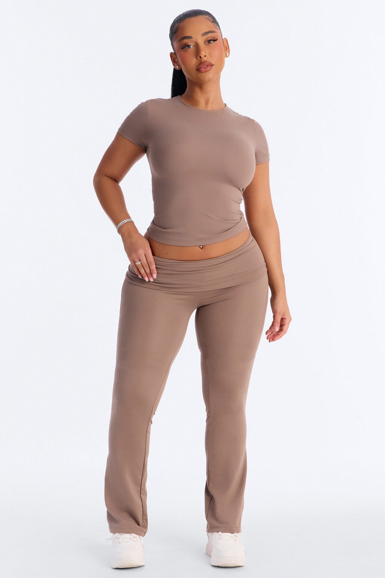Myla Tricot Lounge Fold Over Flare Pants - Mocha