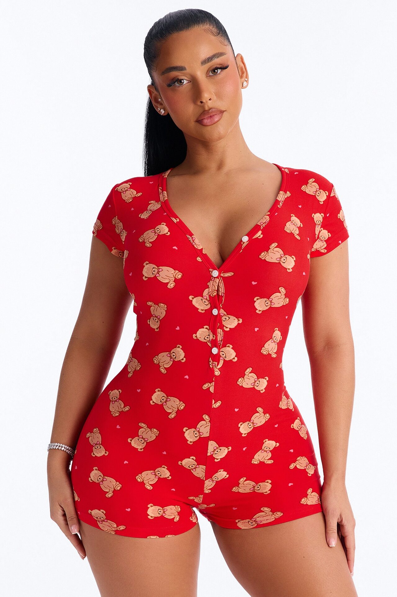 Cutie Bear PJ Romper Onesie - Red