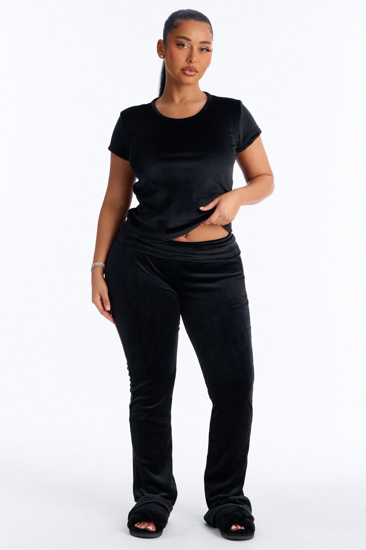 Cozy Moments Short Sleeve Velour PJ Pant Set - Black