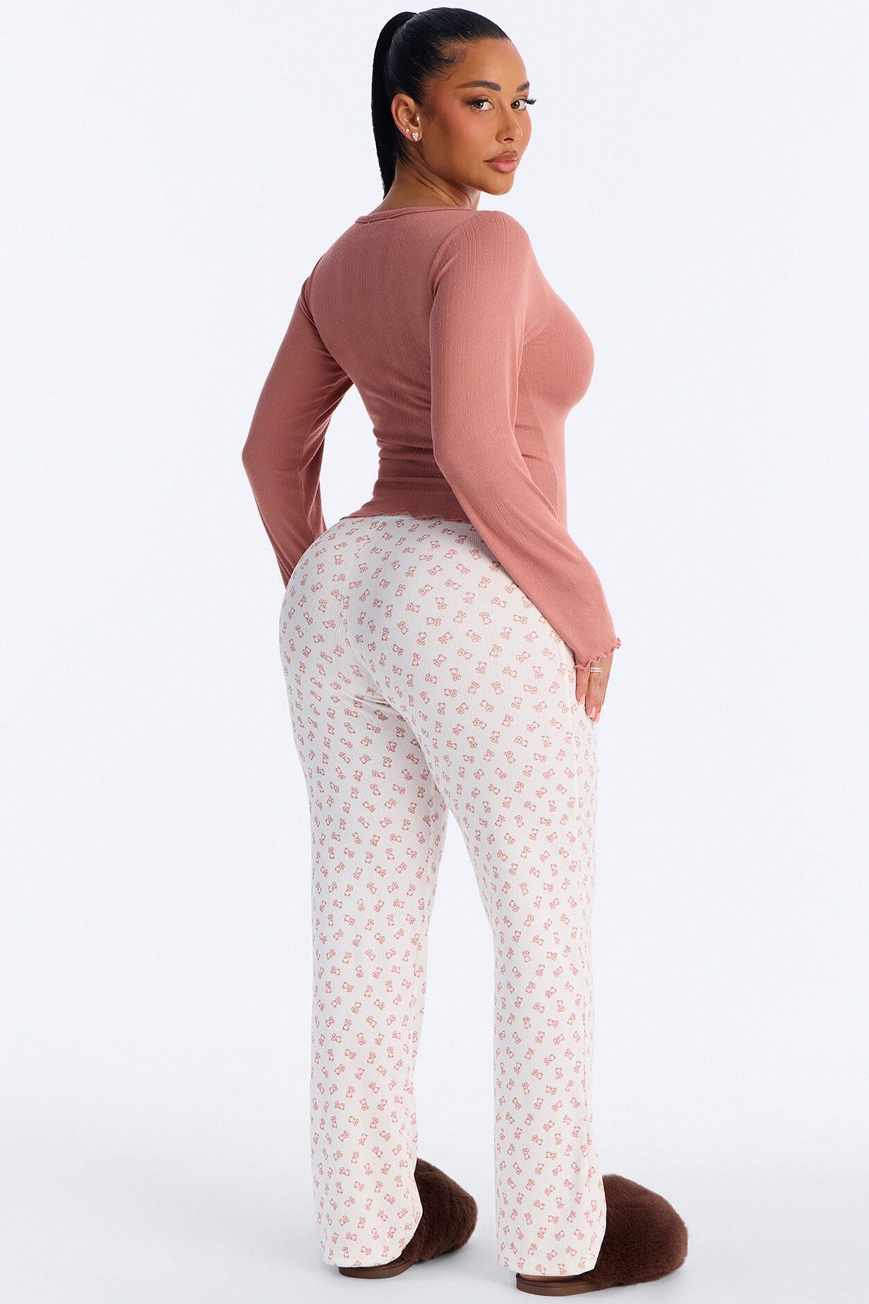 Dreamy Bear Pointelle Long Sleeve PJ Boxer Pant Set - Mocha