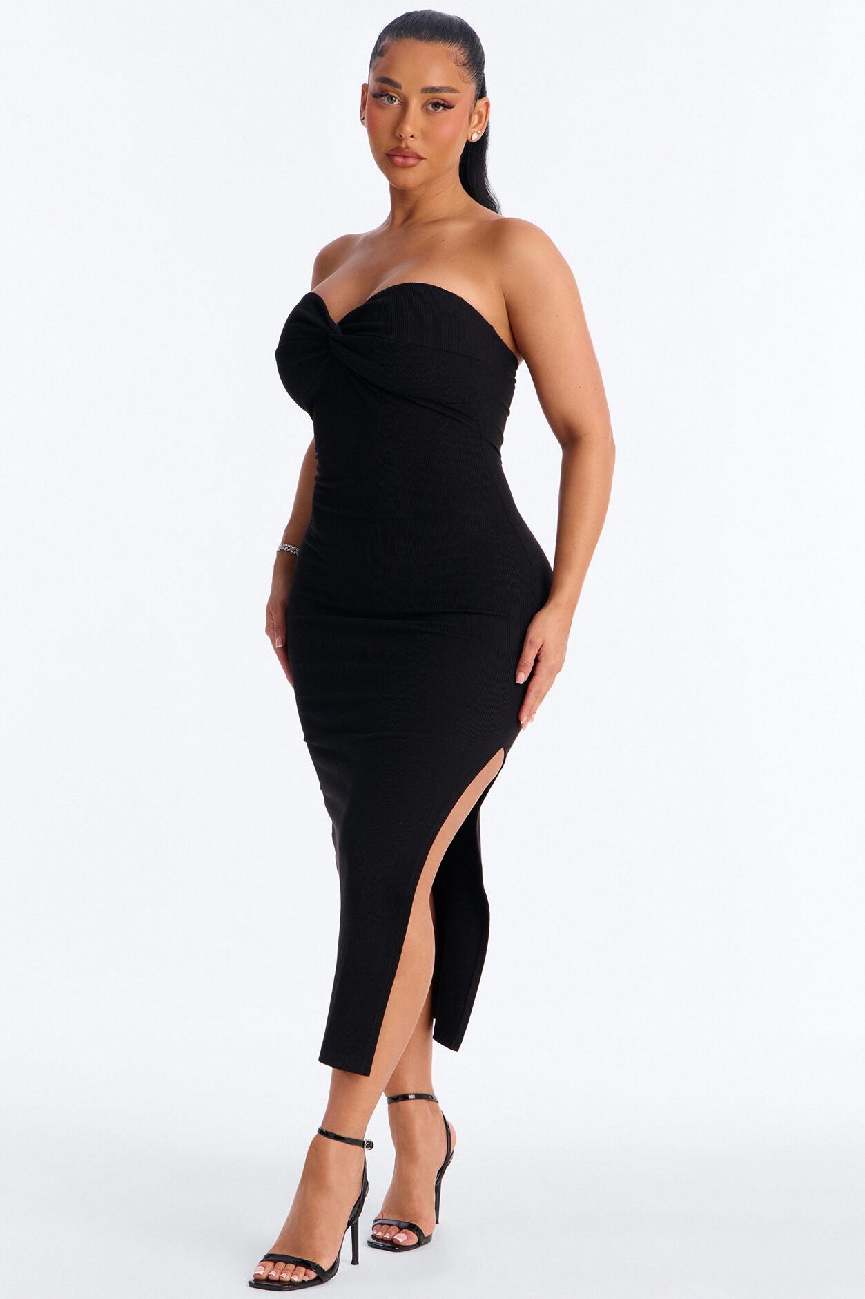 Breanna Twist Ribbed Midi Dress - Black