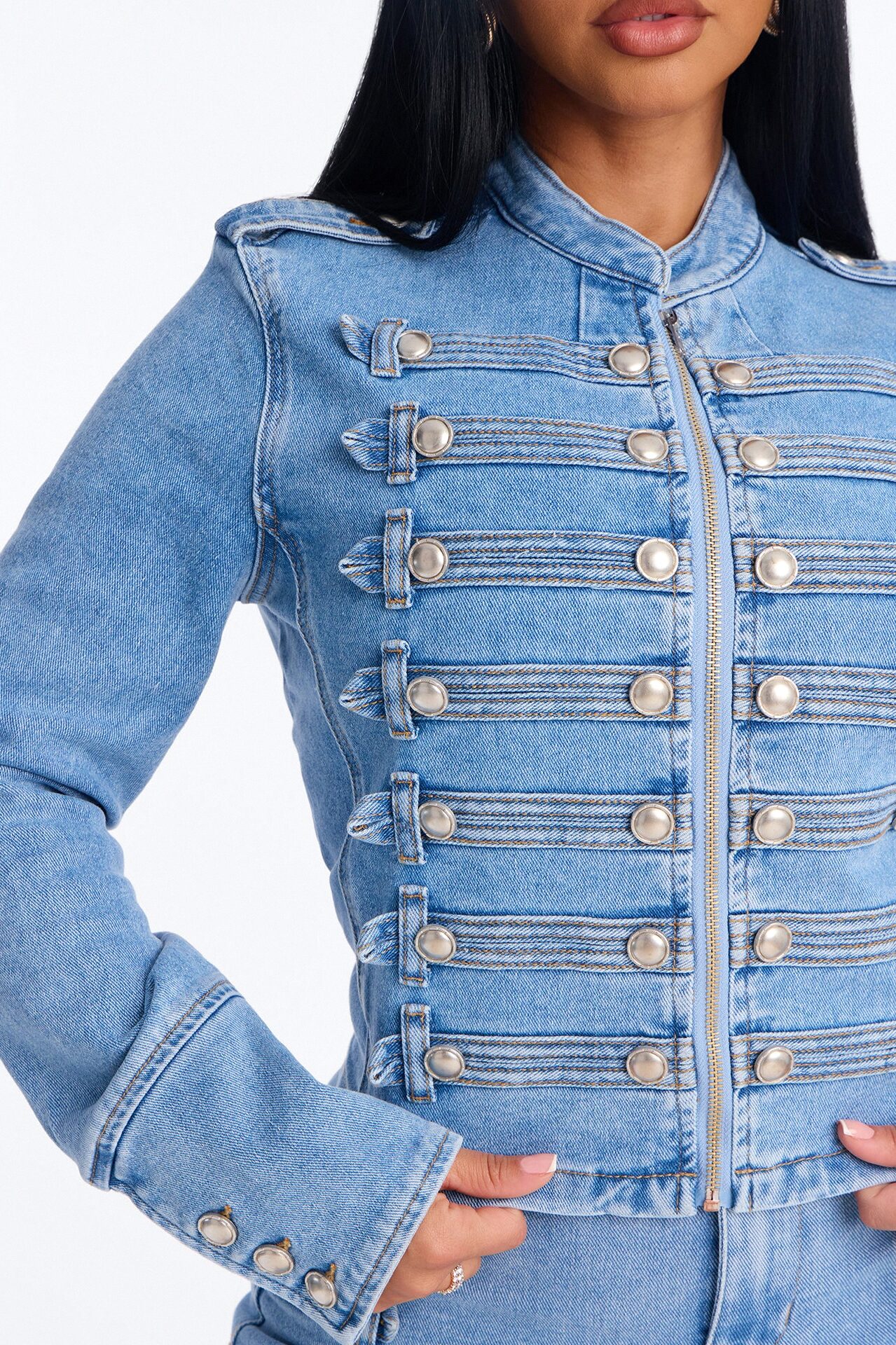 Defended You Decorated Stretch Denim Jacket - Light Wash