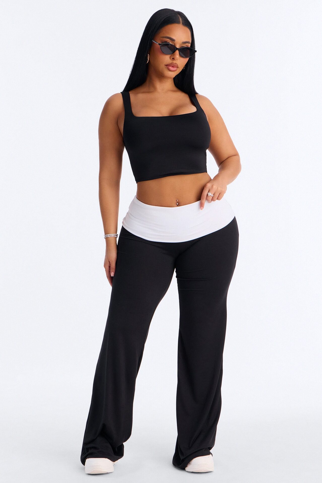Aniyah Fold Over Flare Pant - Black/White