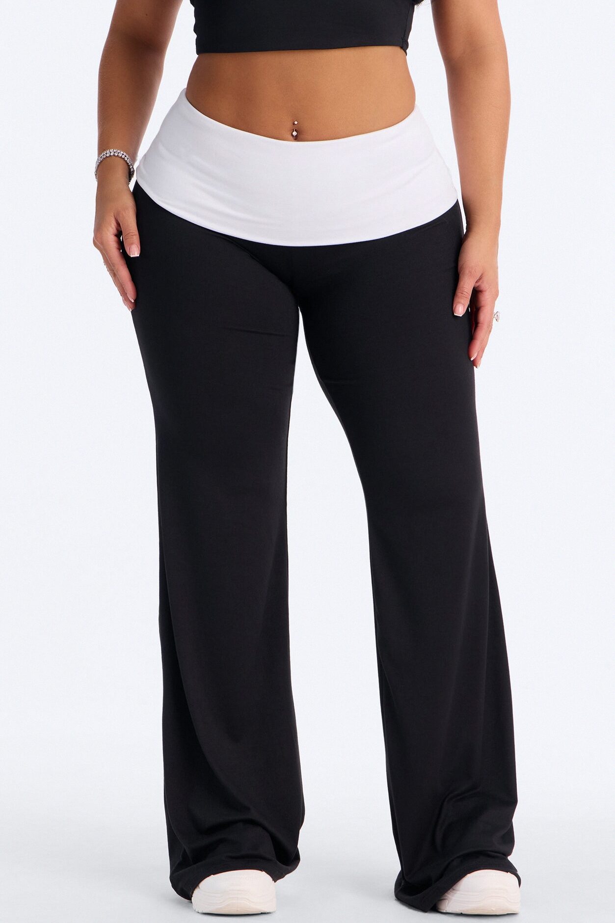 Aniyah Fold Over Flare Pant - Black/White