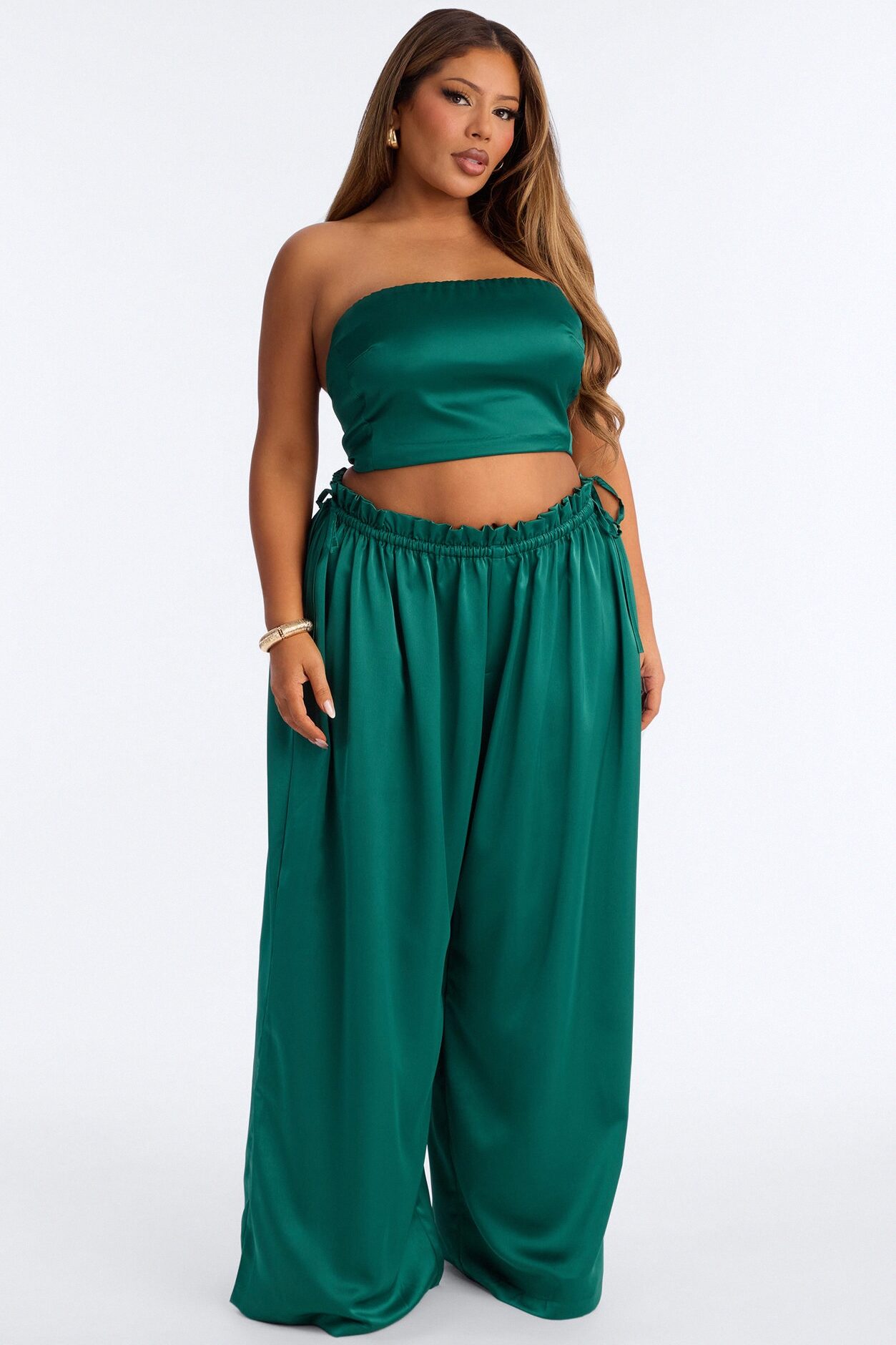 Desiree Wide Leg Satin Pants - Emerald