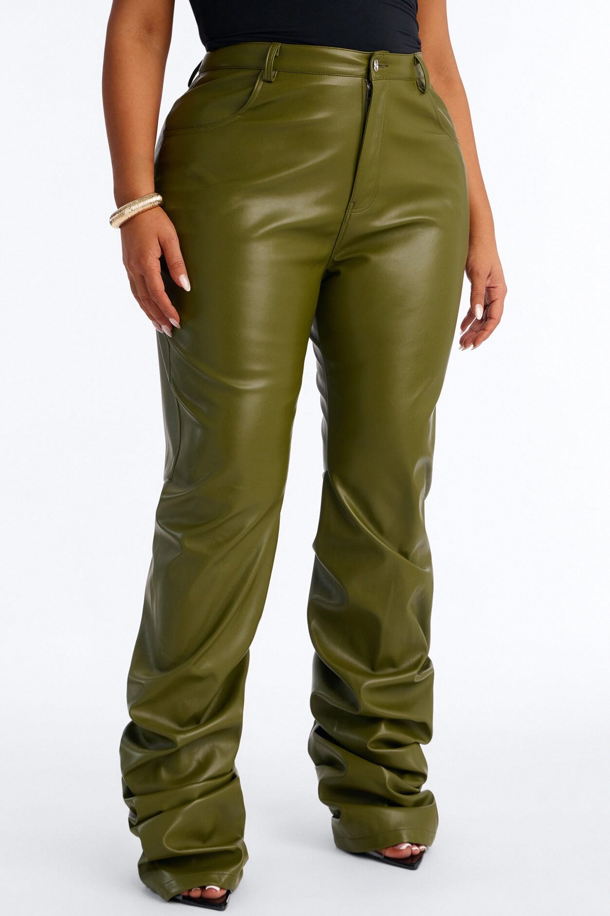 Making A Statement Faux Leather Stacked Pant 36 - Olive
