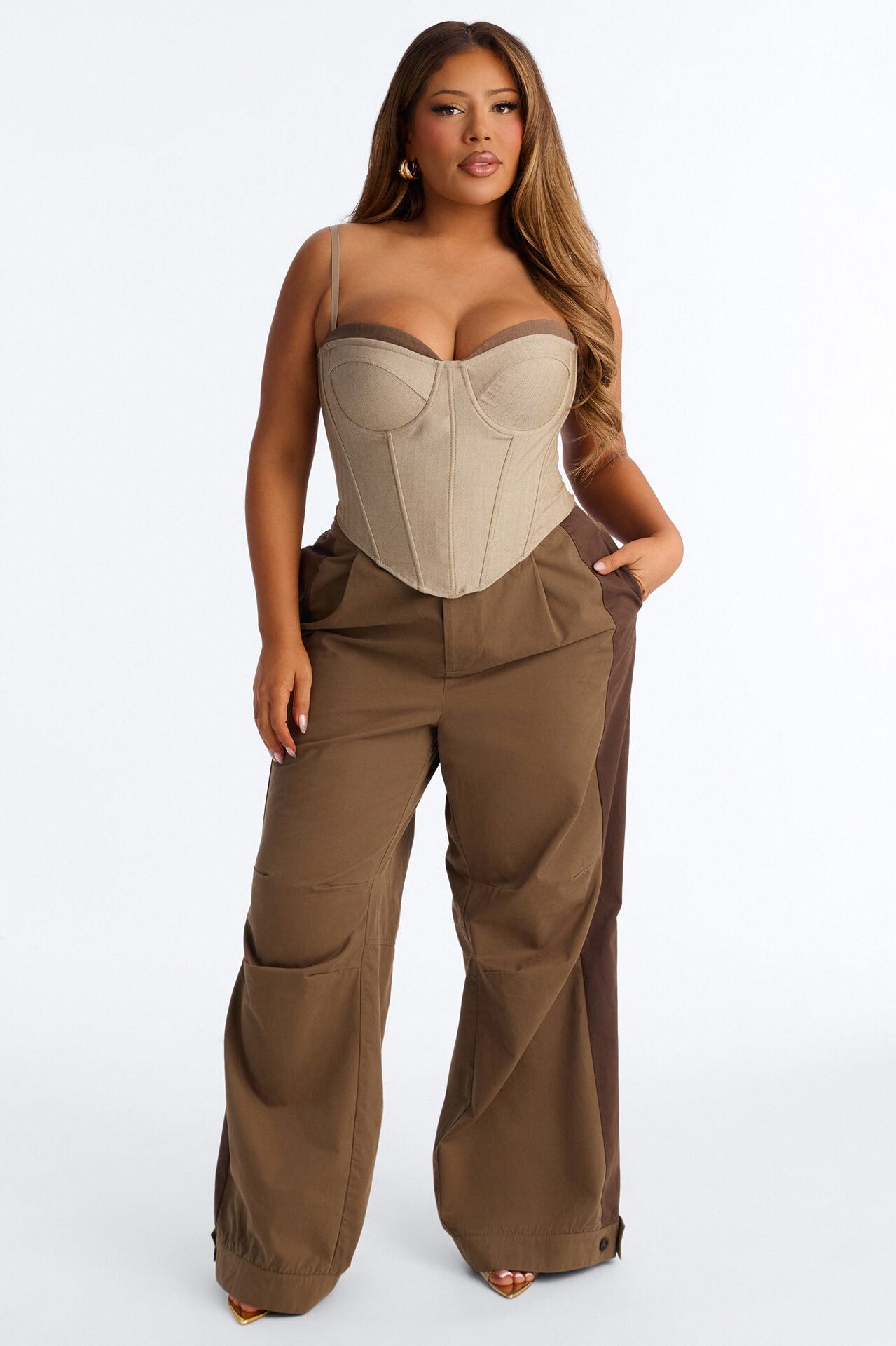 Zuri Mid Rise Colorblock Wide Leg Pant 32″ - Olive/combo
