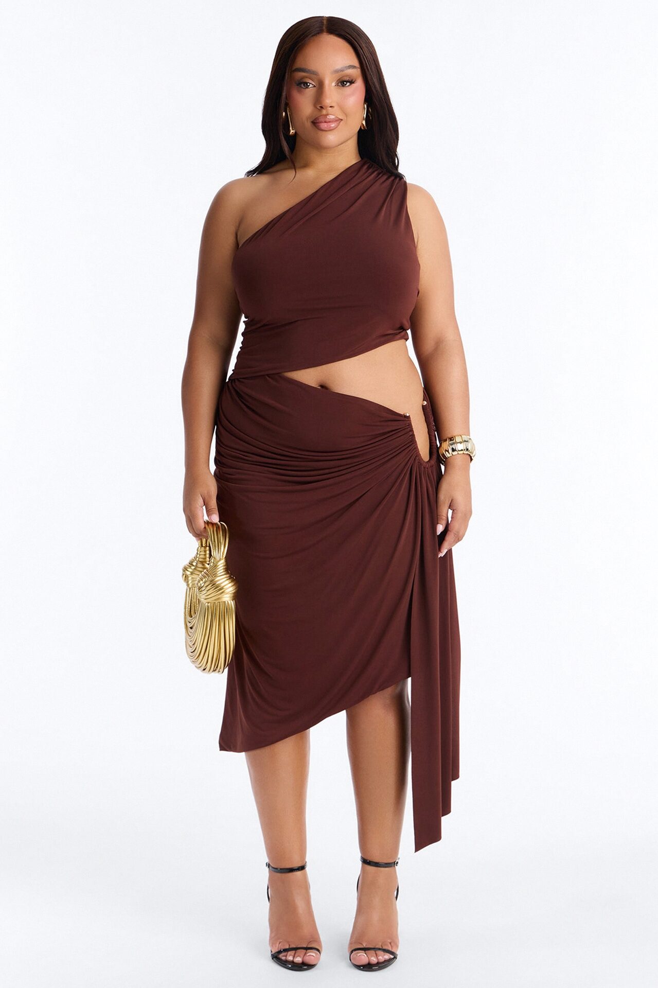 City Pulse One Shoulder Midi Dress - Chocolate