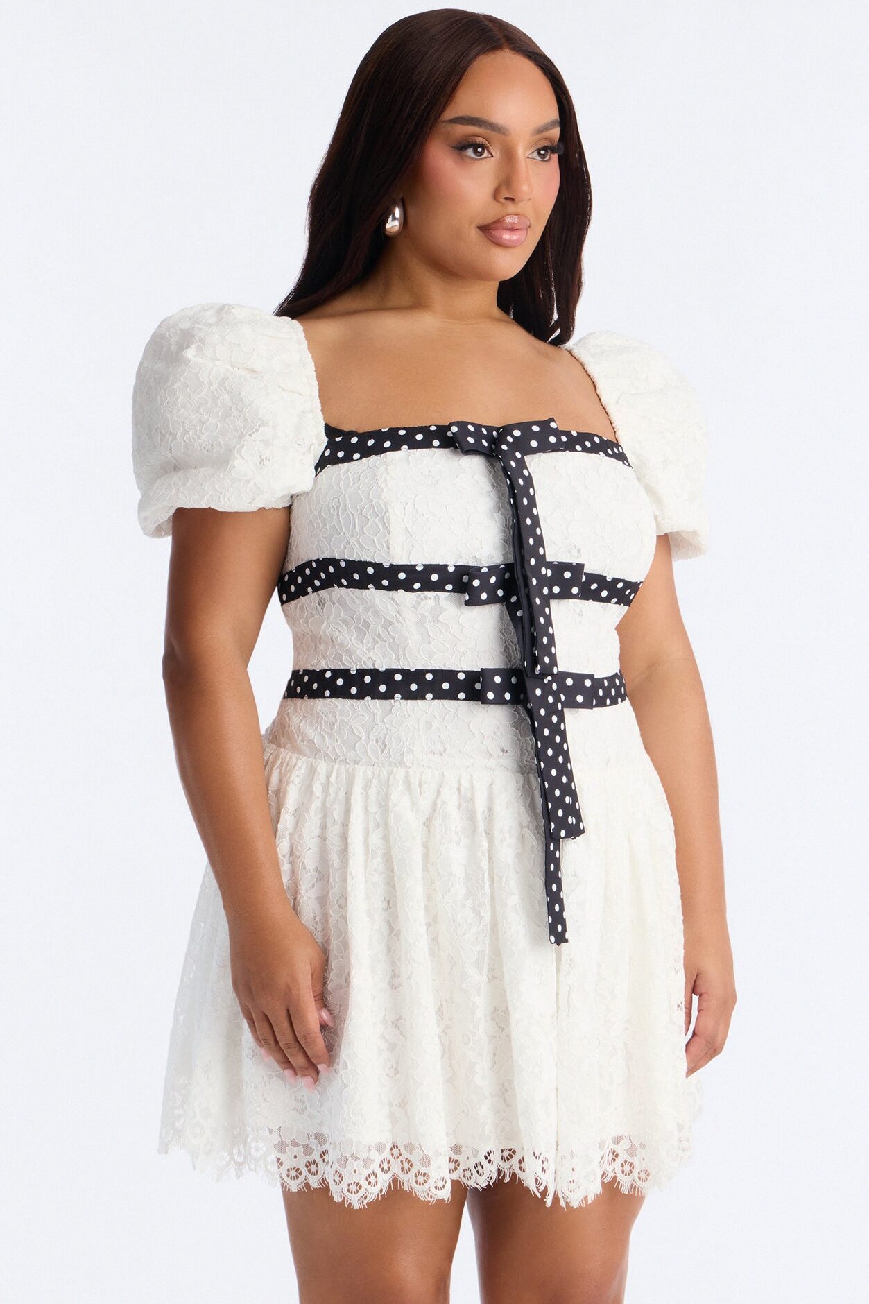 Eternal Lace Puff Sleeve Mini Dress - Ivory/combo