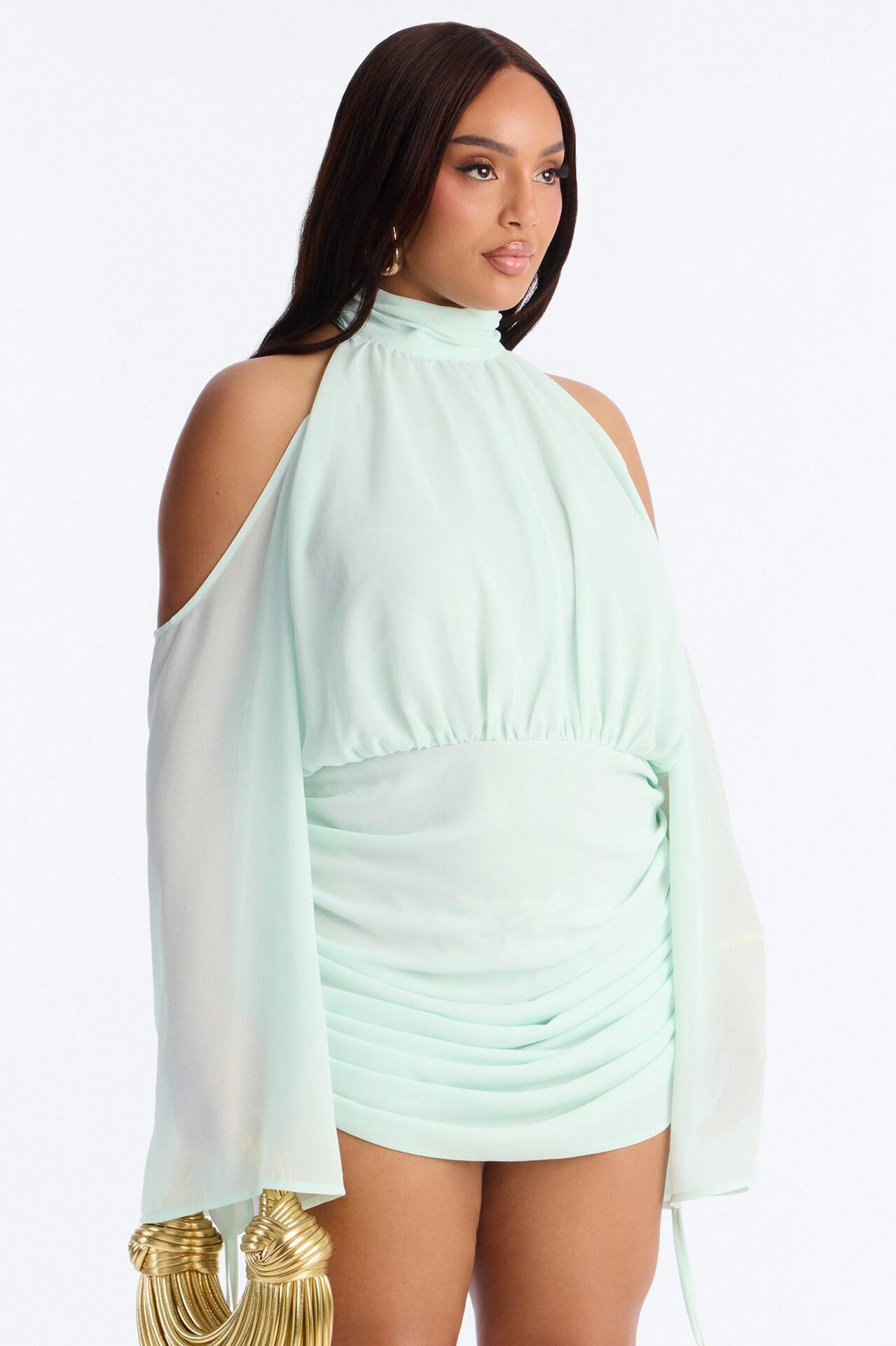 Kyra Cold Shoulder Chiffon Mini Dress - Mint