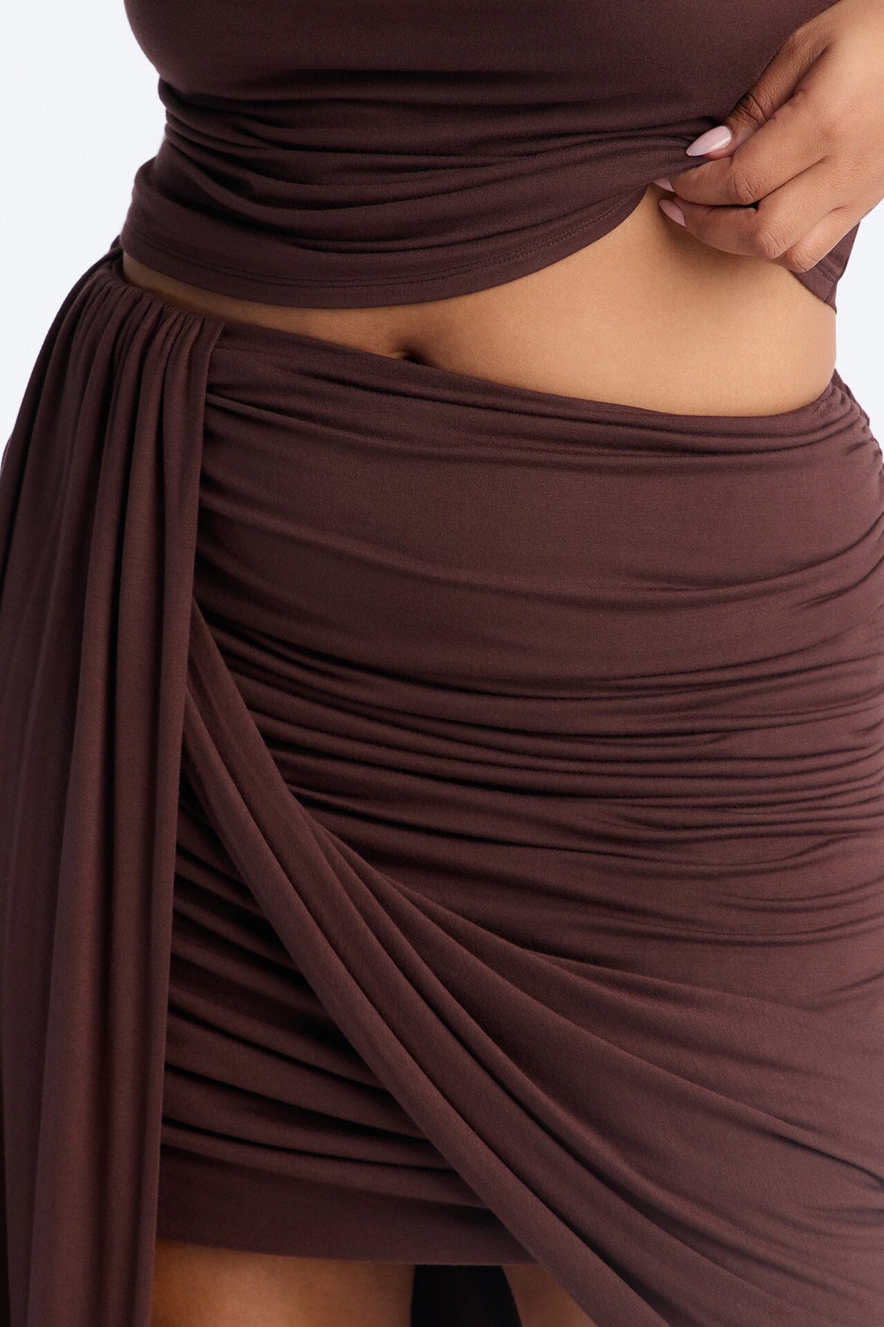 Effortless Edge Draped Midi Skirt - Chocolate