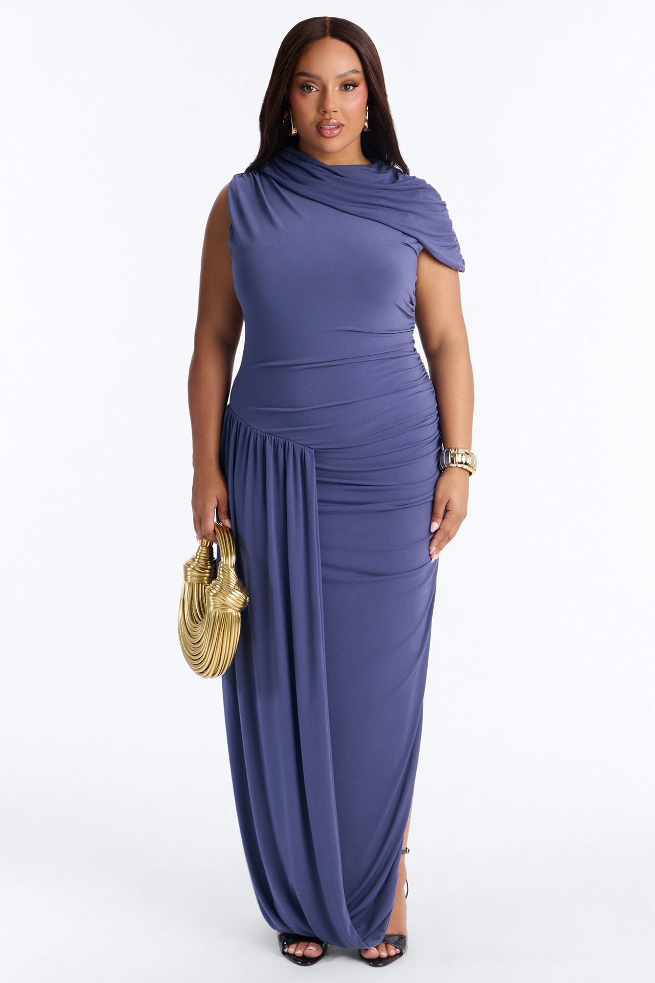 On Her Terms Draped Midi Dress - Dusty Blue