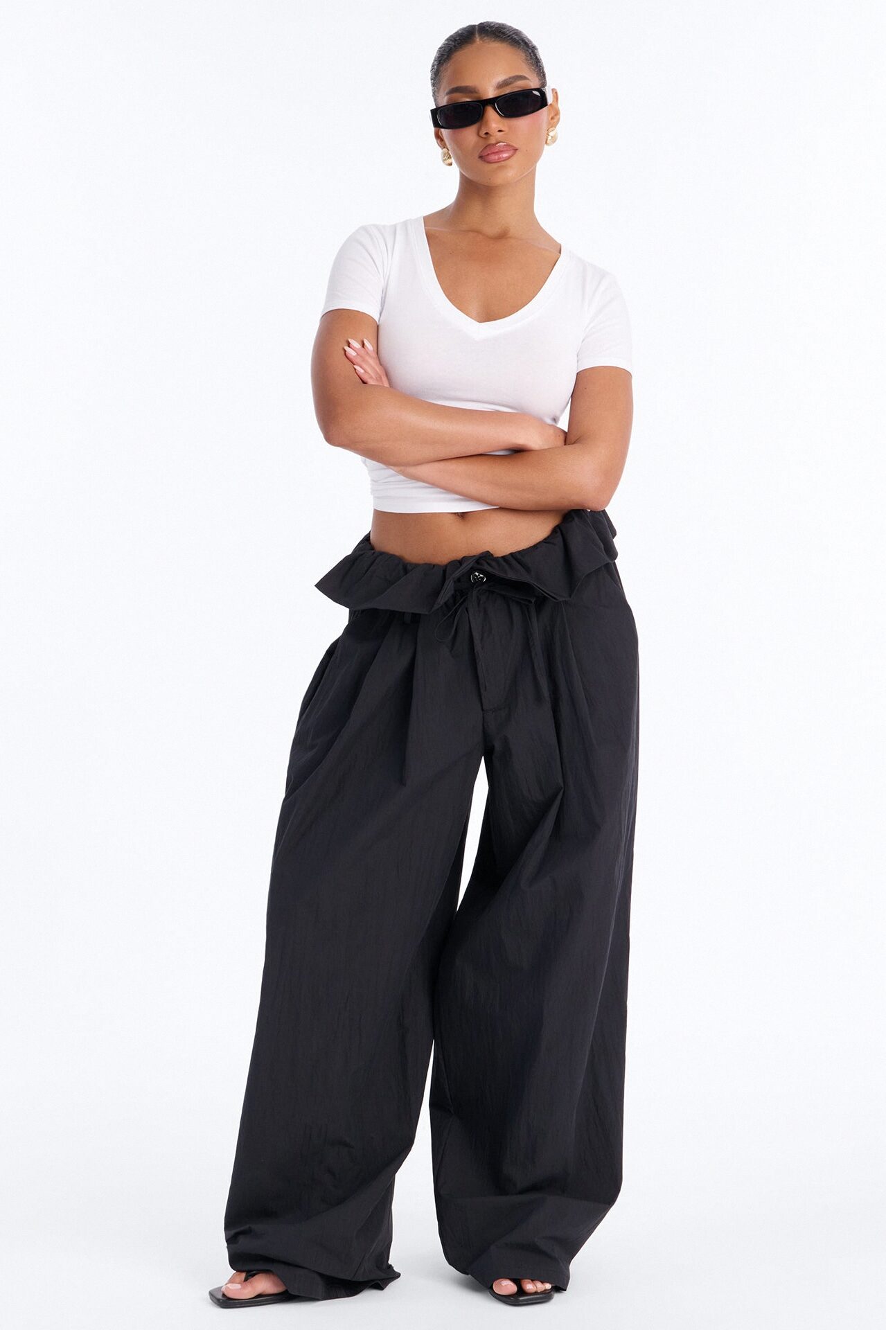 All Strings Attached Fold Over Waist Windbreaker Pant 33″ - Black