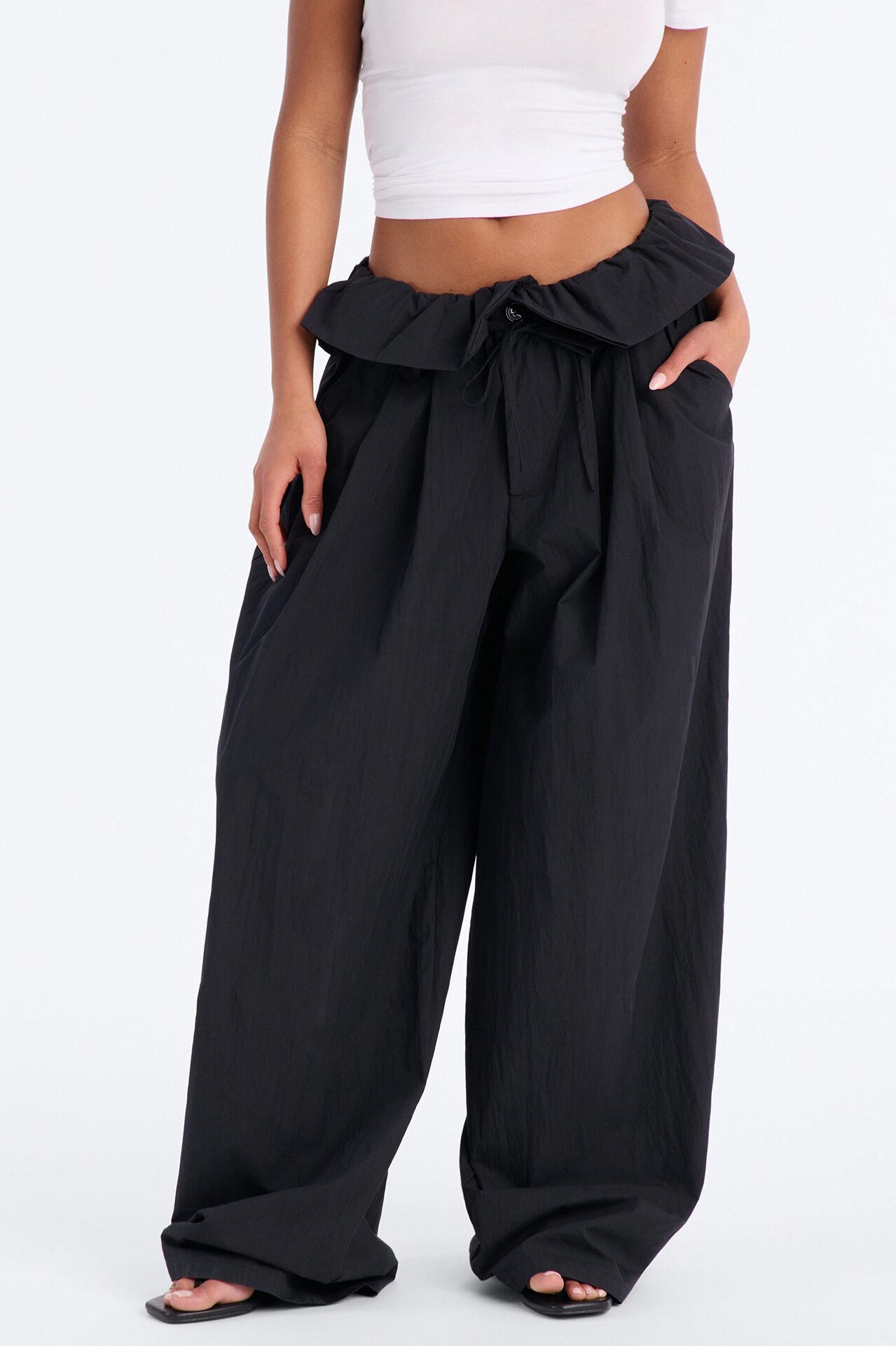 All Strings Attached Fold Over Waist Windbreaker Pant 33″ - Black