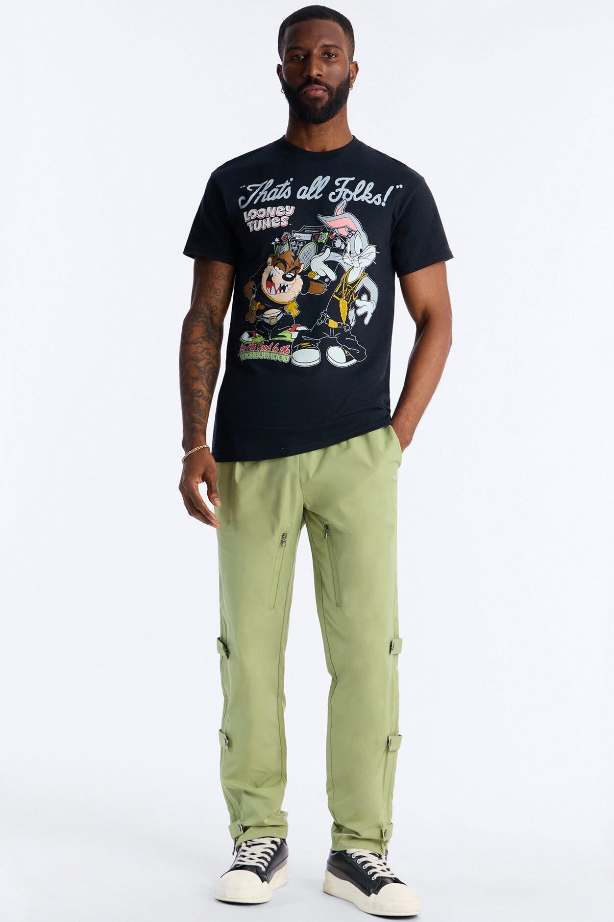 Looney Tunes Thats All Folks Rhinestone Short Sleeve Tee - Black