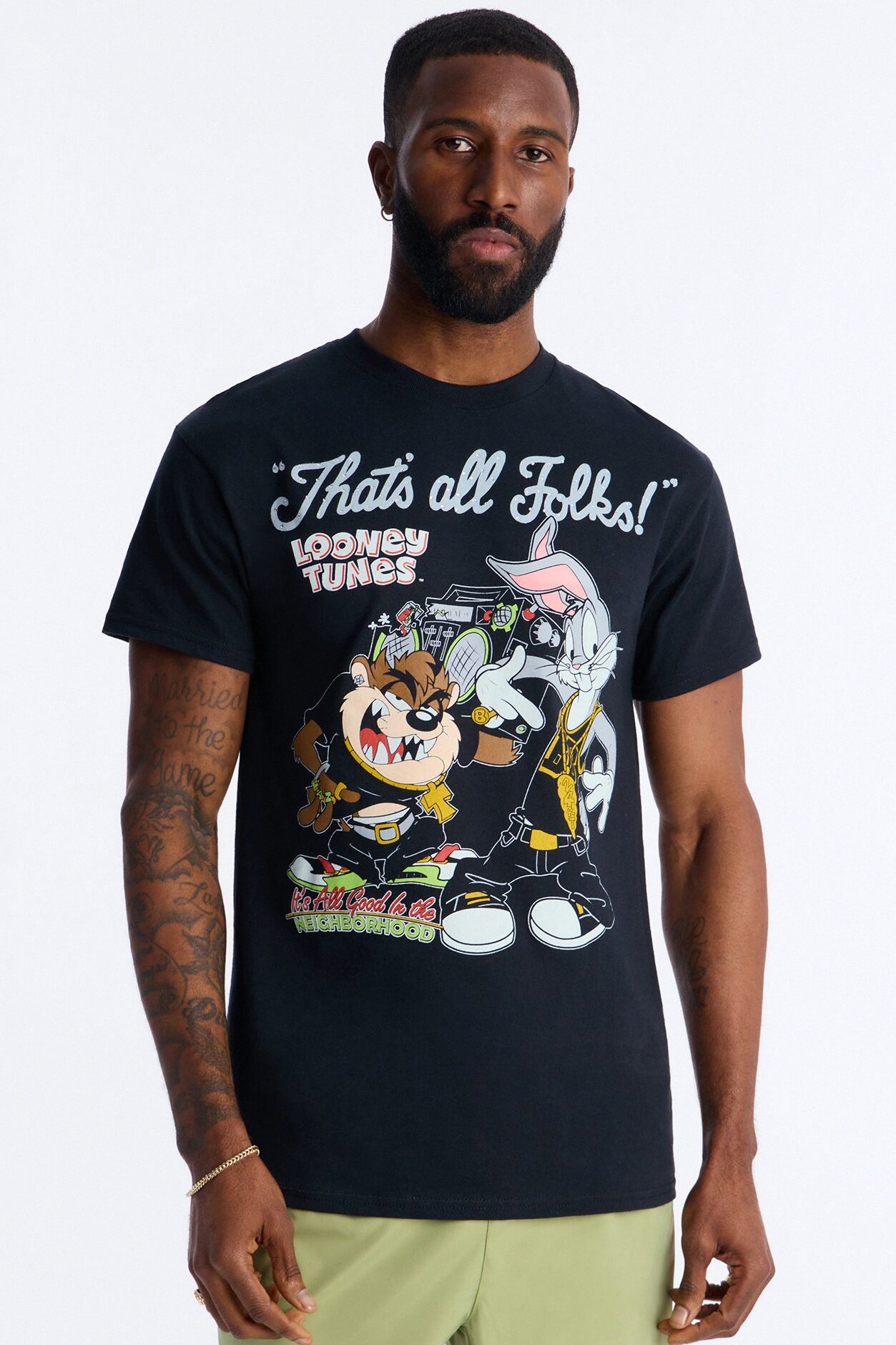 Looney Tunes Thats All Folks Rhinestone Short Sleeve Tee - Black