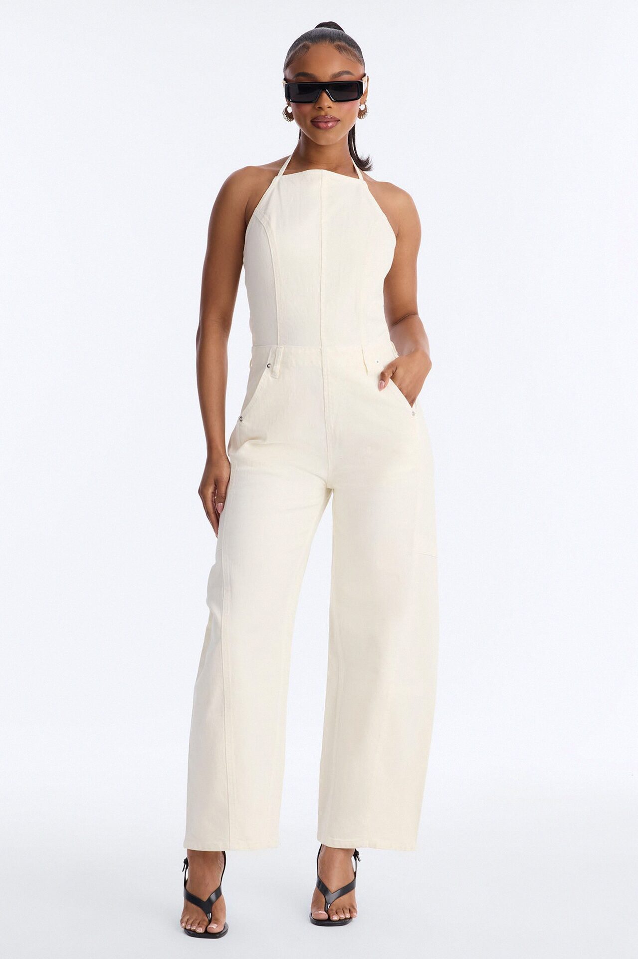 Tiana Backless Denim Barrel Leg Jumpsuit - Off White