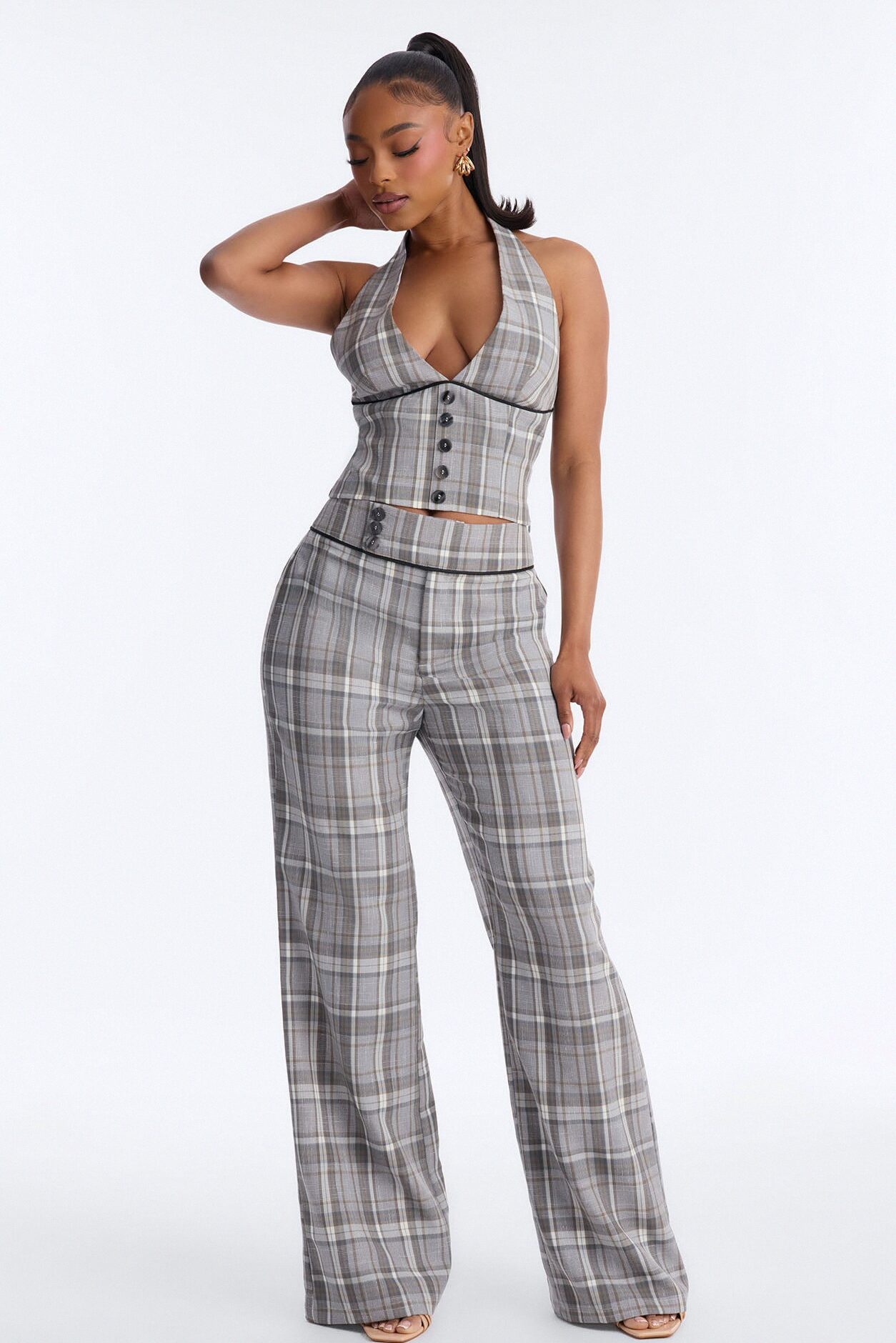 Plaid On Plaid Wide Leg Pant Set - Grey