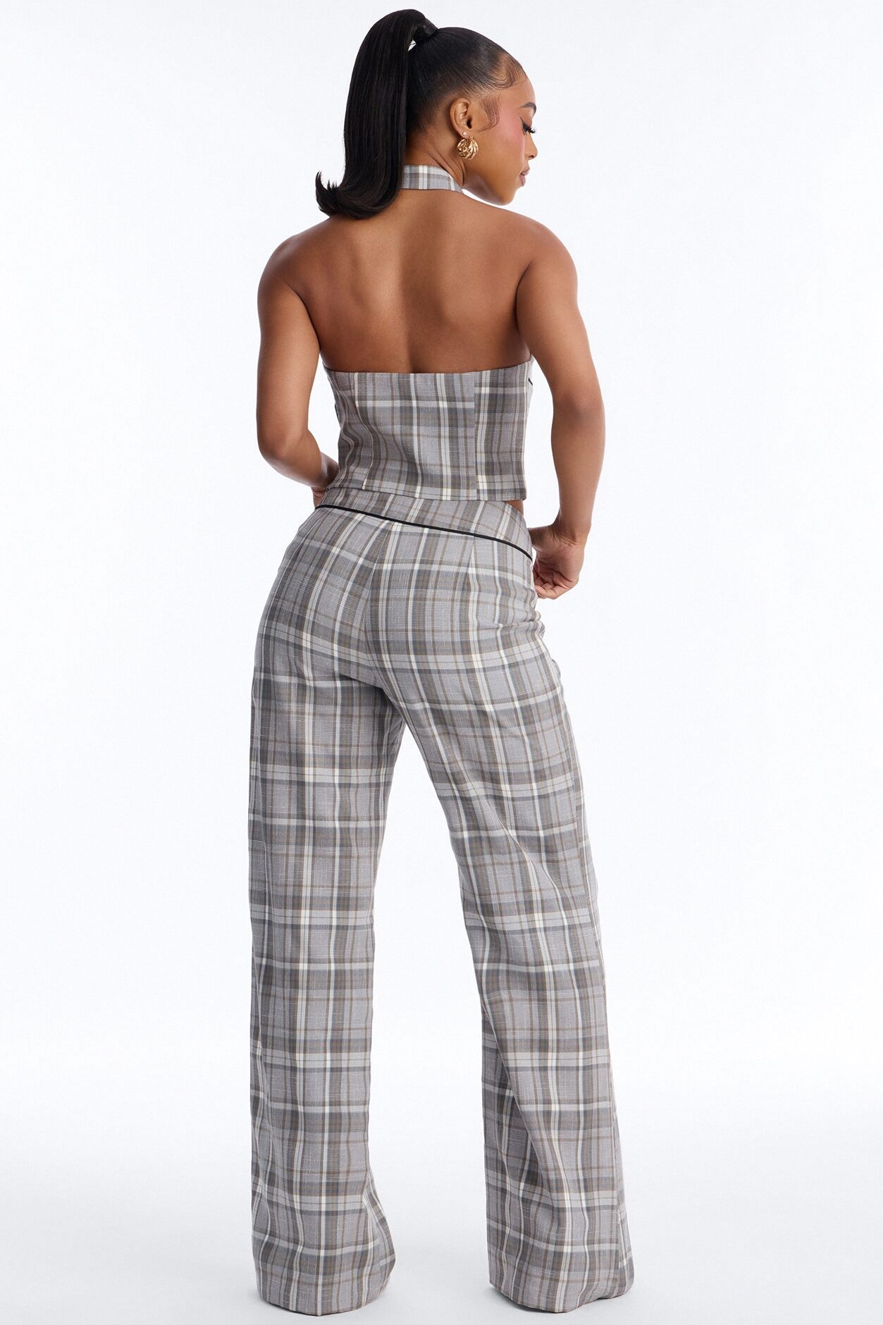 Plaid On Plaid Wide Leg Pant Set - Grey
