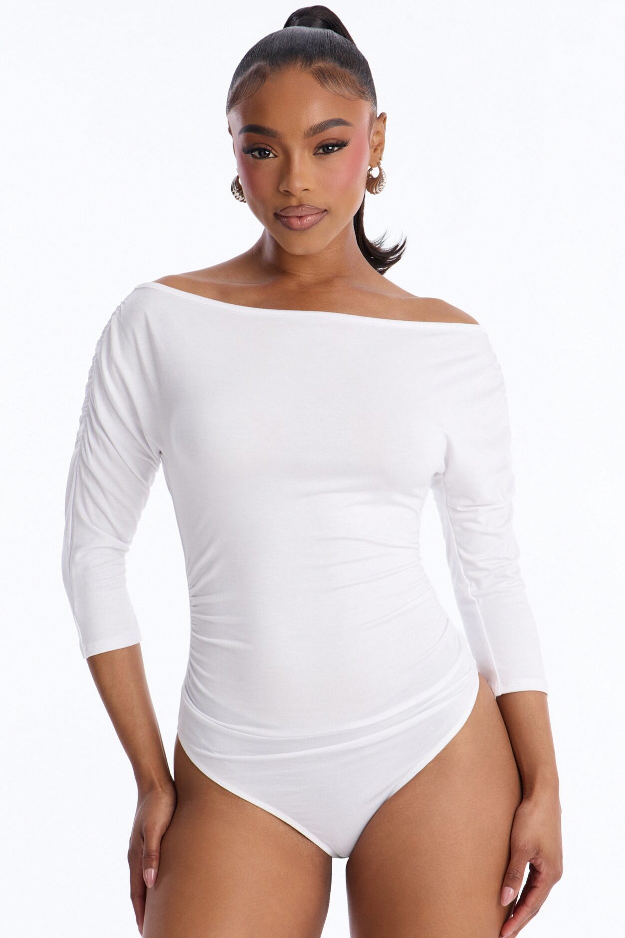 Lola Boat Neck Ruched Sleeve Bodysuit - White