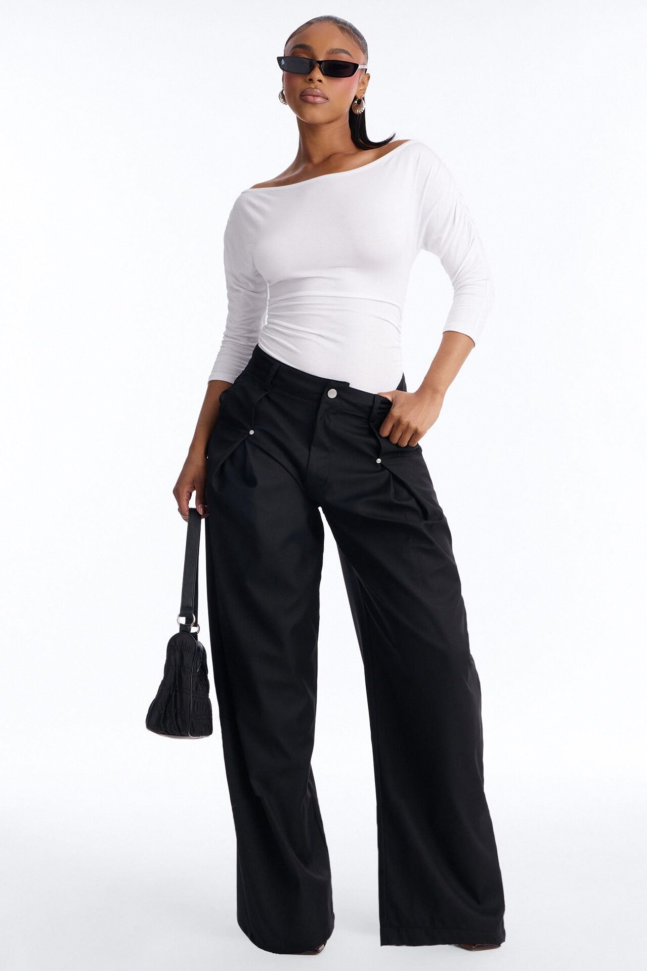 Lola Boat Neck Ruched Sleeve Bodysuit - White