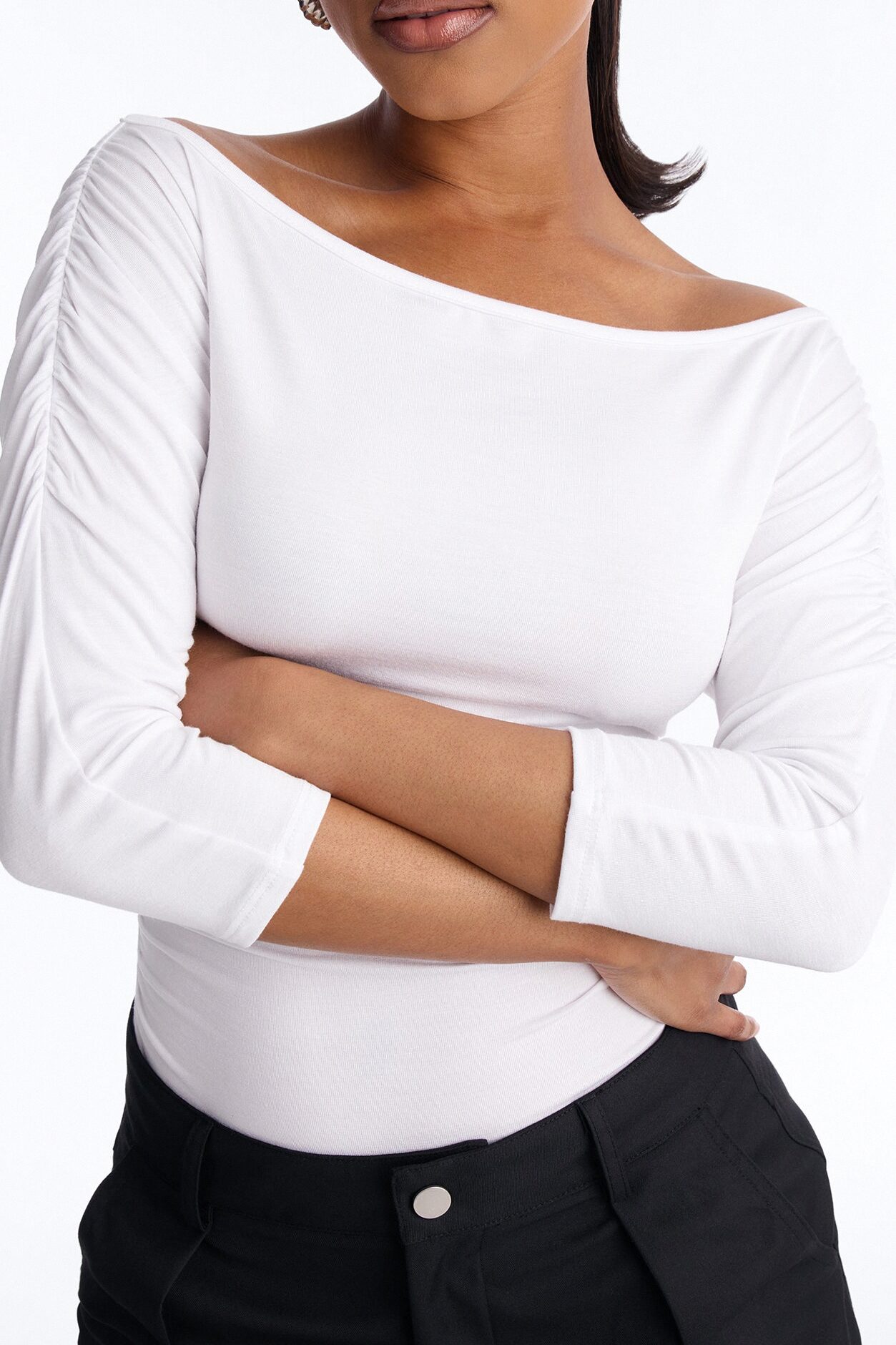 Lola Boat Neck Ruched Sleeve Bodysuit - White