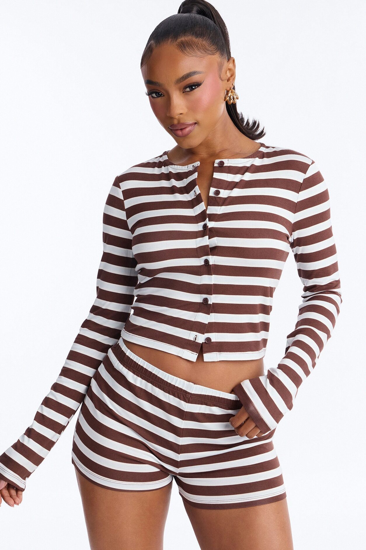 Angelica Stripe Short Set - Brown/combo