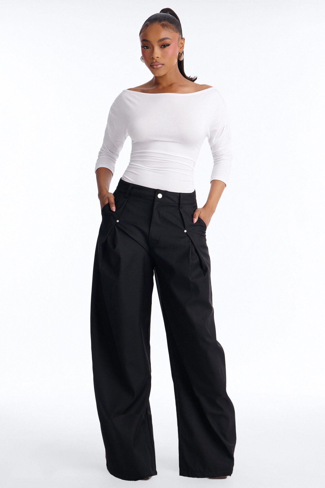 Mara High Rise Barrel Leg Twill Pant 30″ - Black