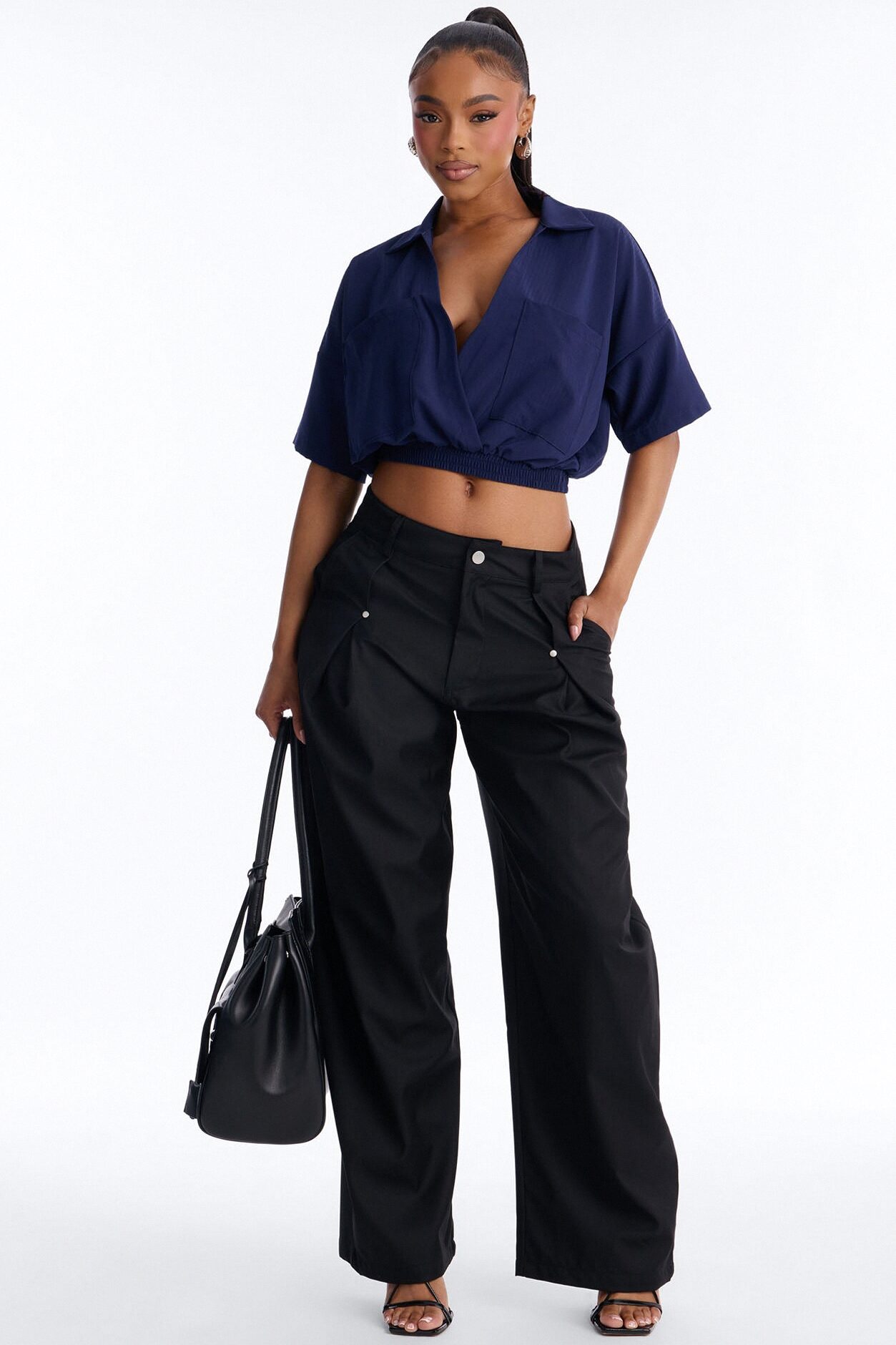 Taylor Crossover Short Sleeve Collared Blouse - Navy