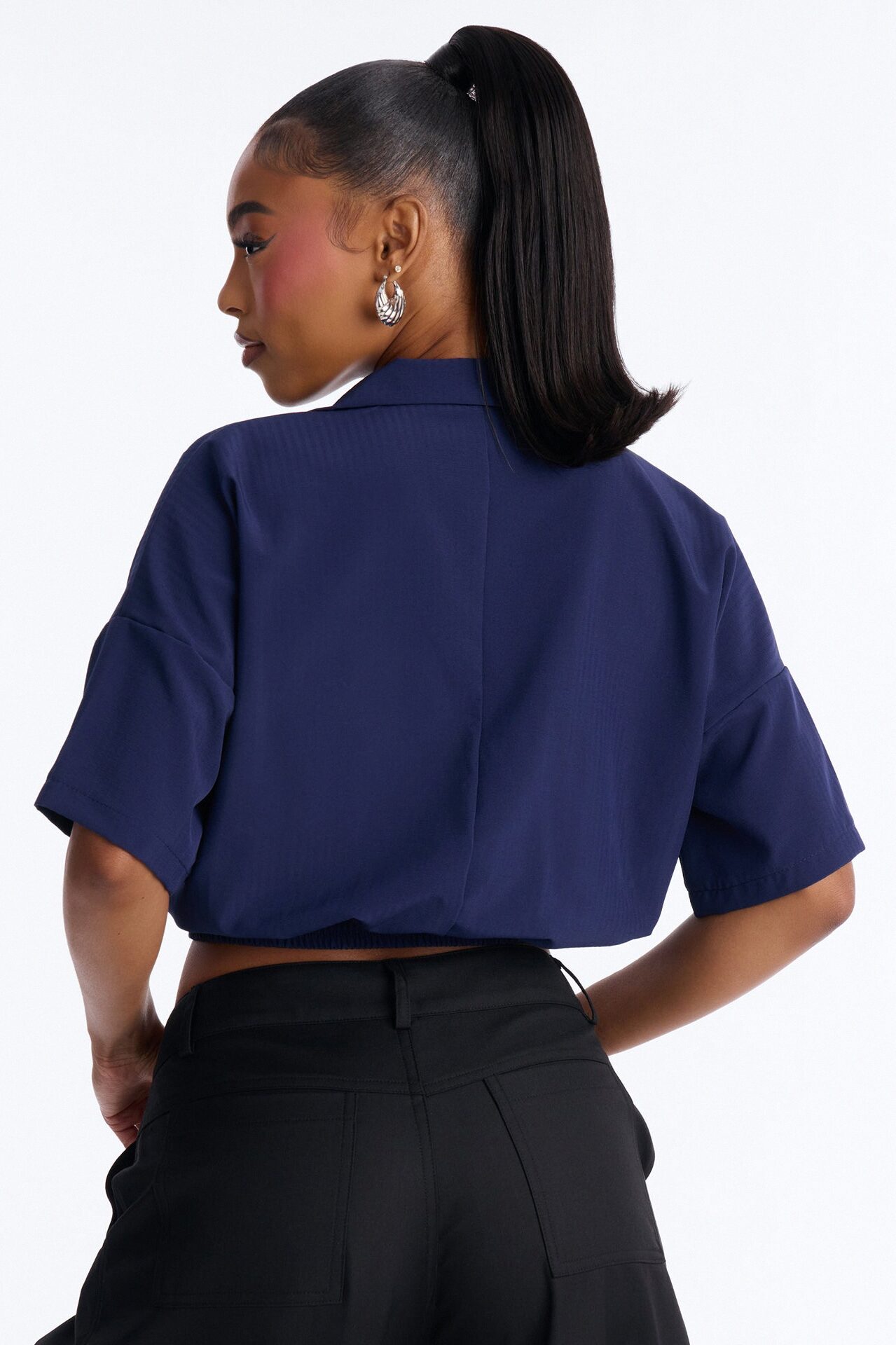 Taylor Crossover Short Sleeve Collared Blouse - Navy