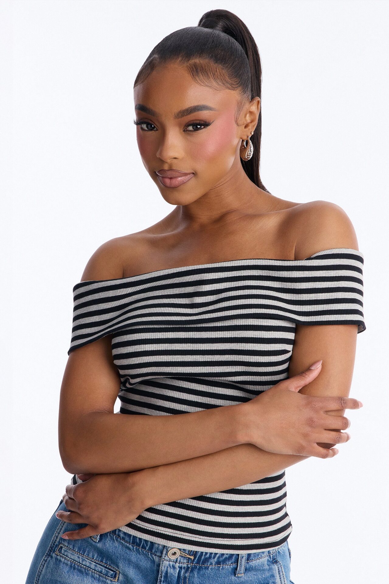 Nicole Striped Off Shoulder Short Sleeve Top - Black/combo