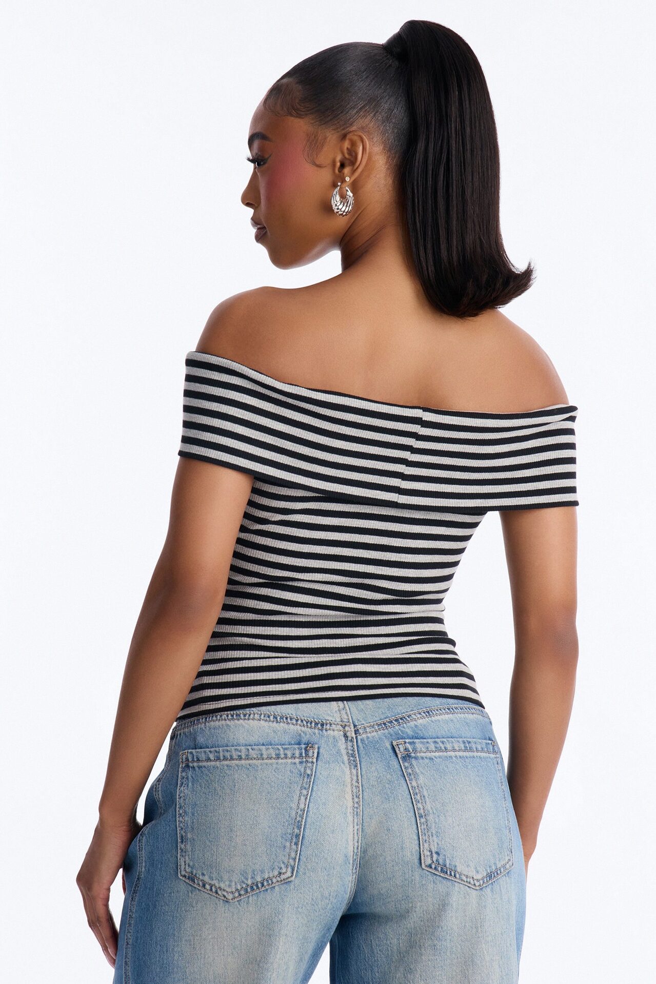 Nicole Striped Off Shoulder Short Sleeve Top - Black/combo
