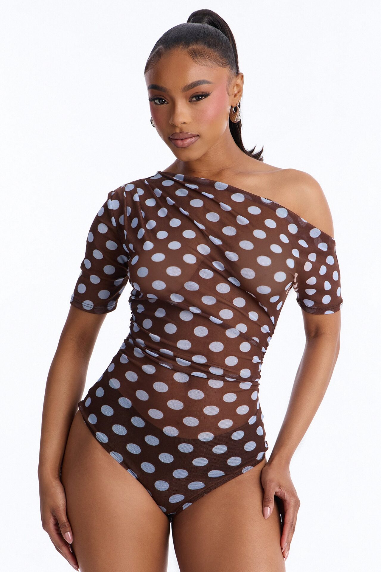 Lina Polka Dot Mesh Off Shoulder Short Sleeve Bodysuit - Brown/combo