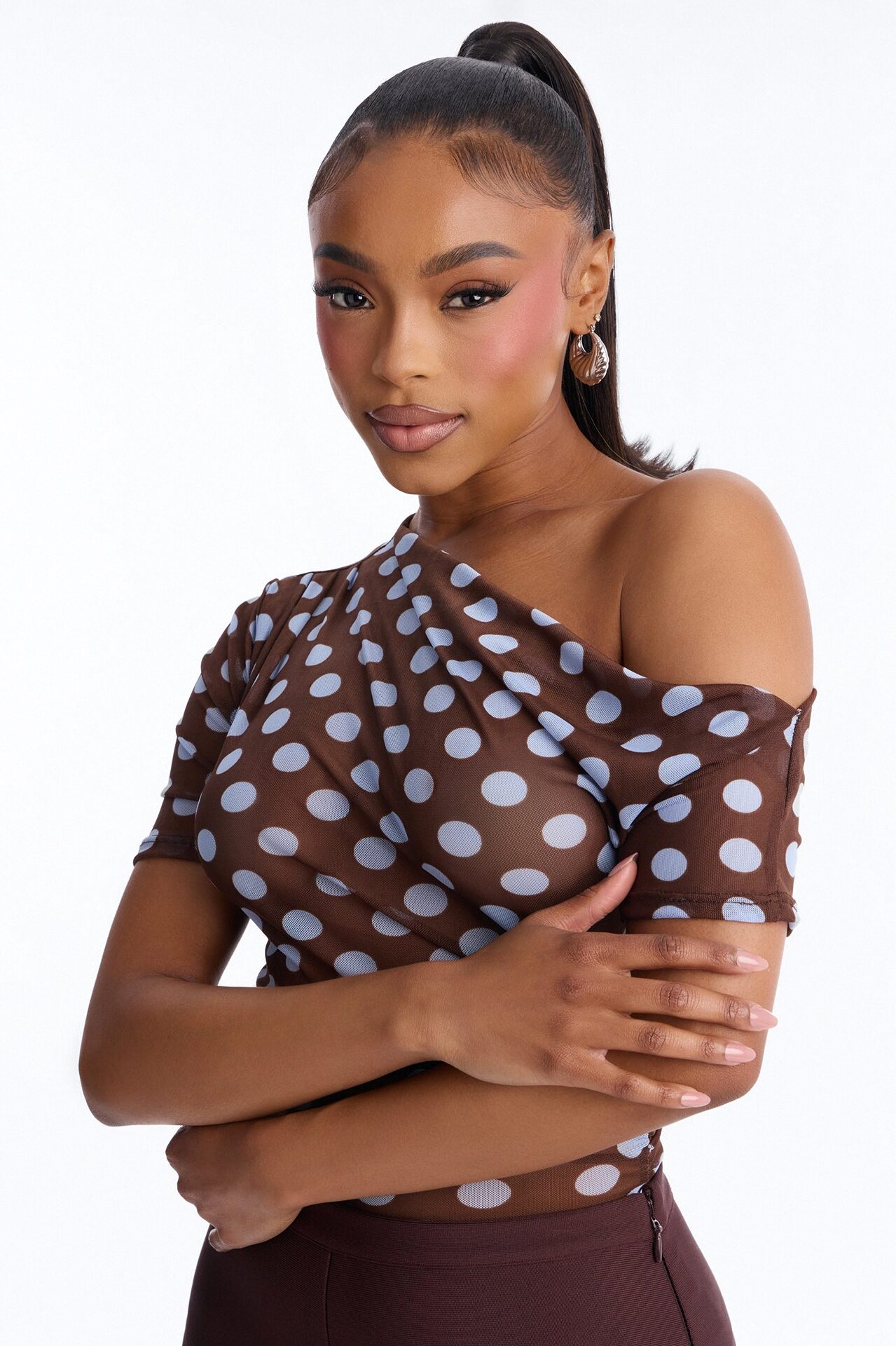 Lina Polka Dot Mesh Off Shoulder Short Sleeve Bodysuit - Brown/combo