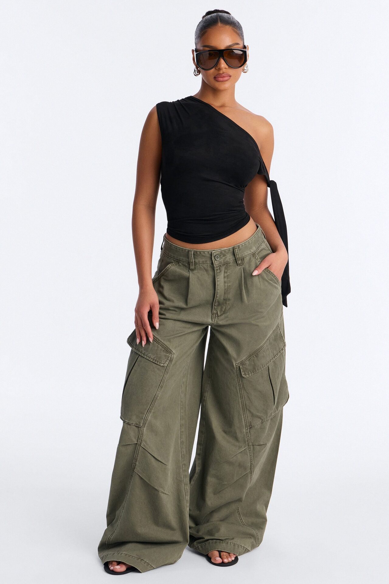 Destiny High Rise Wide Leg Cargo Pant 33″ - Olive