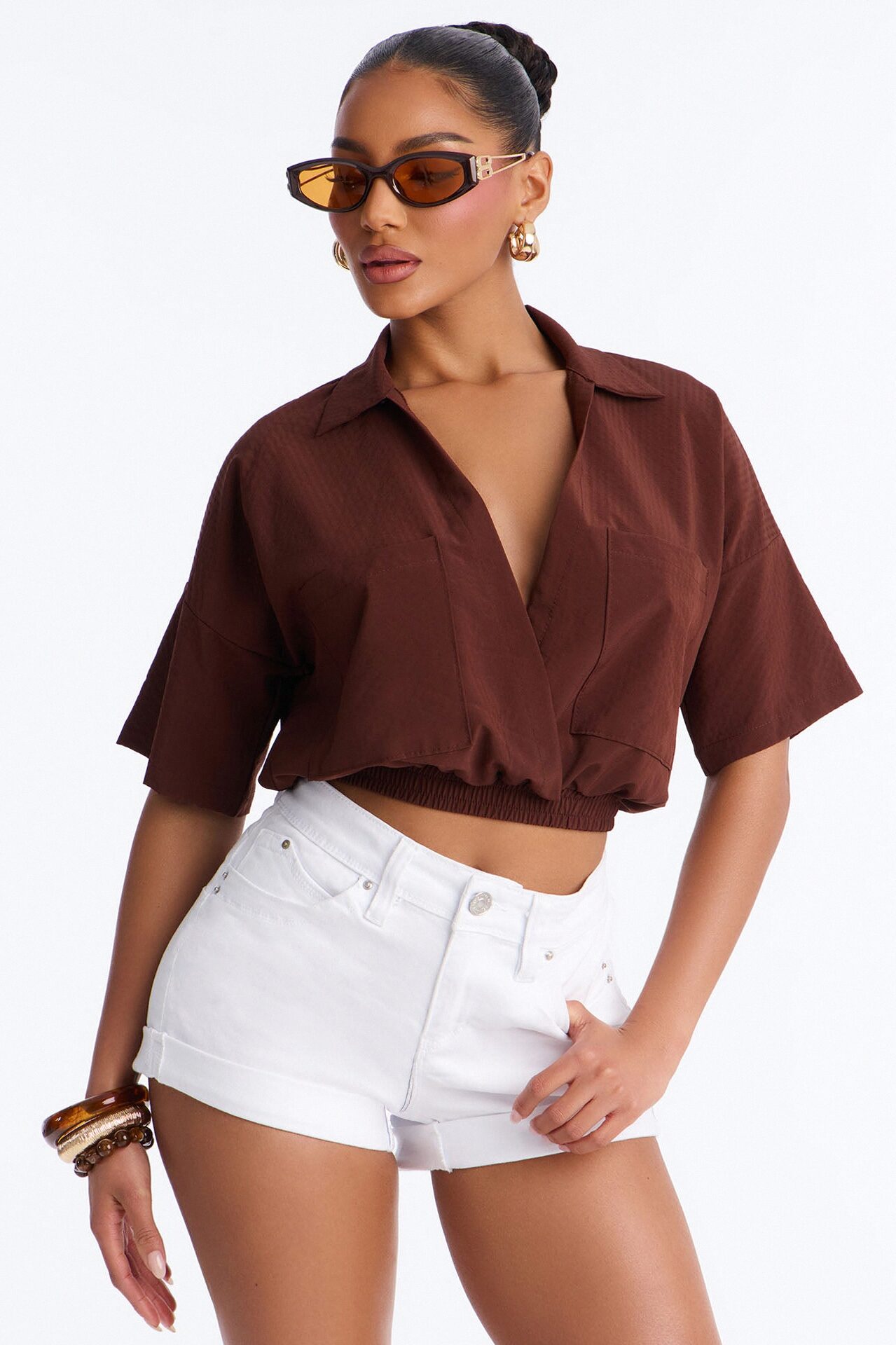 Taylor Crossover Short Sleeve Collared Blouse - Brown