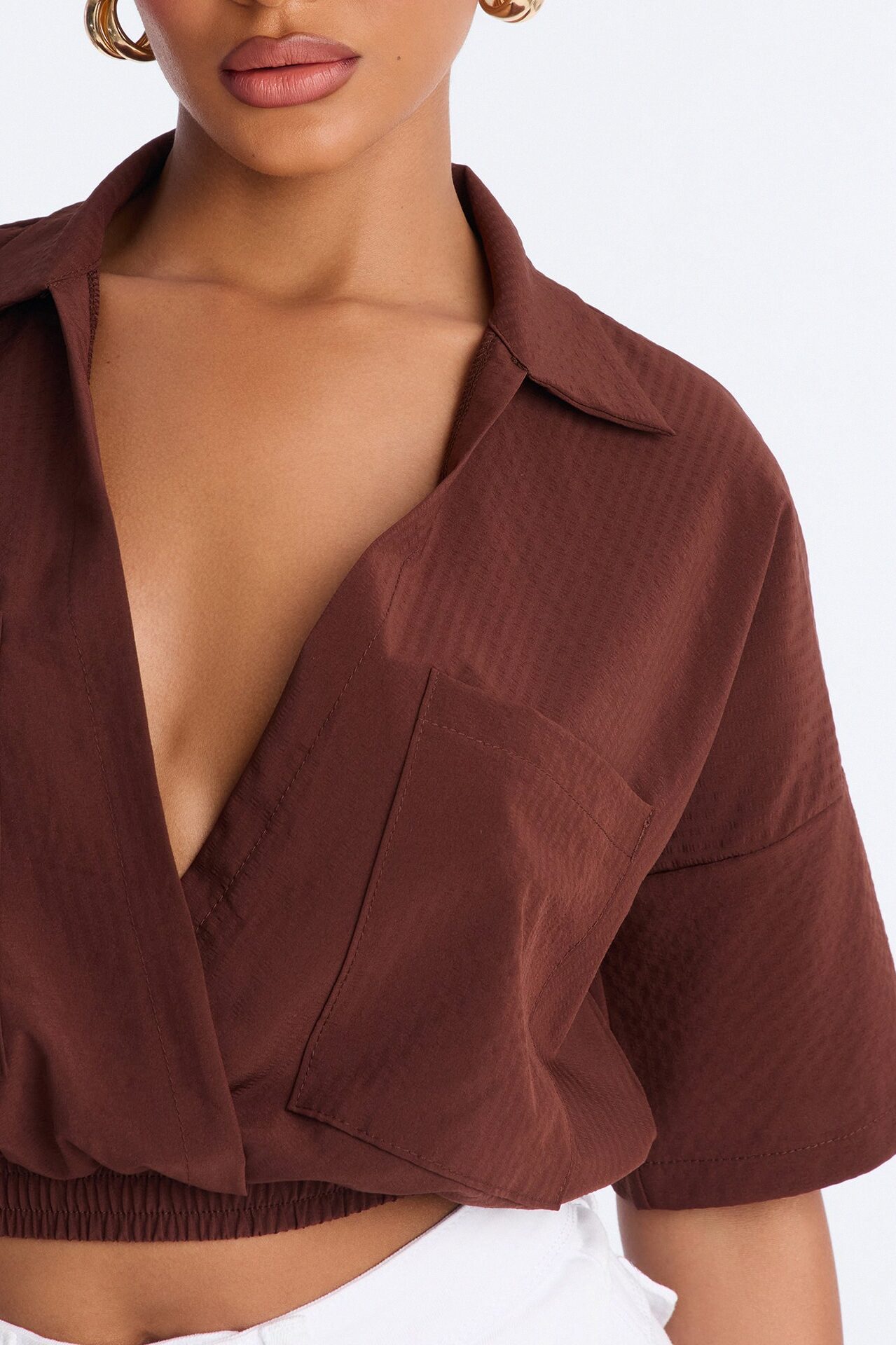 Taylor Crossover Short Sleeve Collared Blouse - Brown