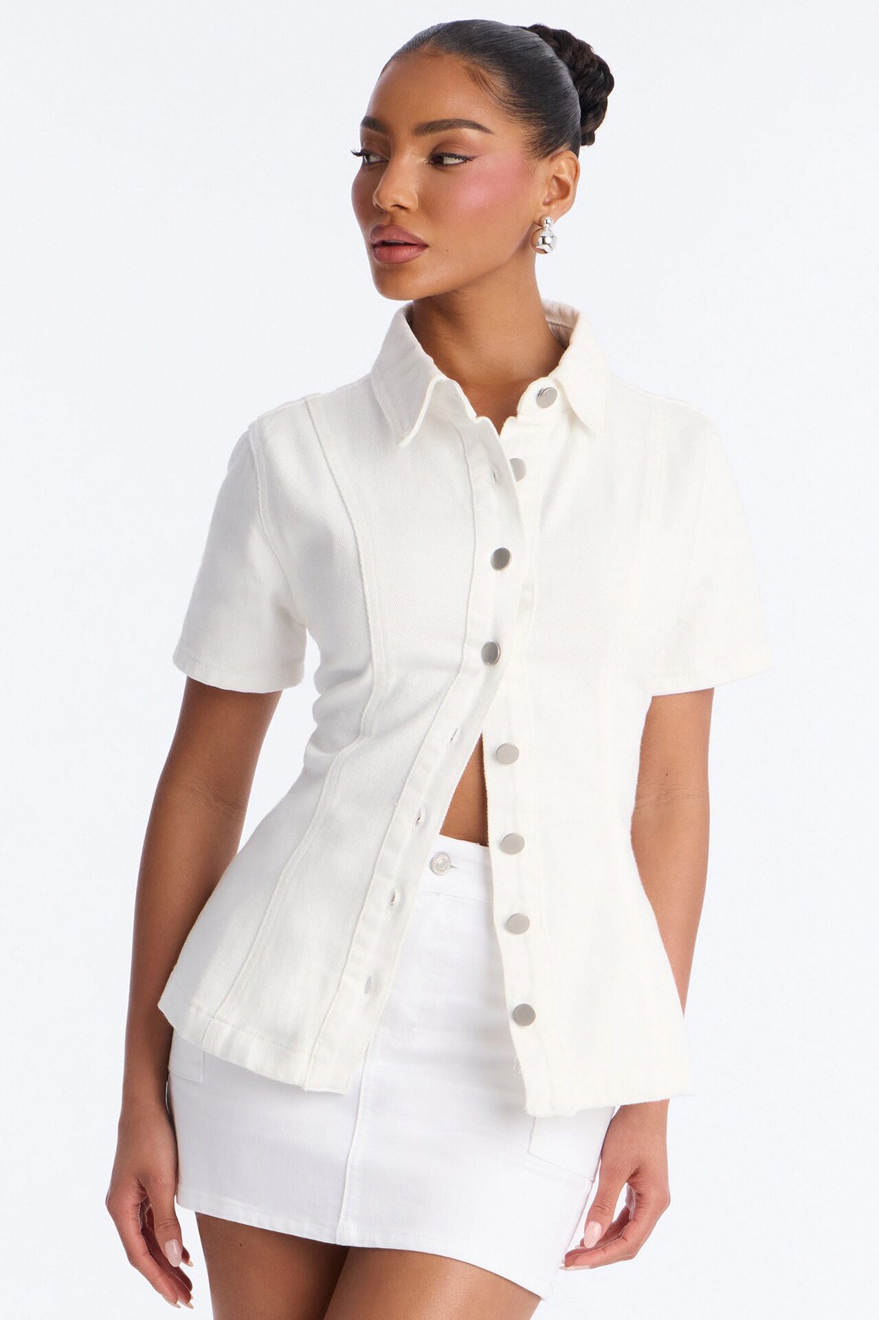 Nina Cinched Waist Denim Shirt - White