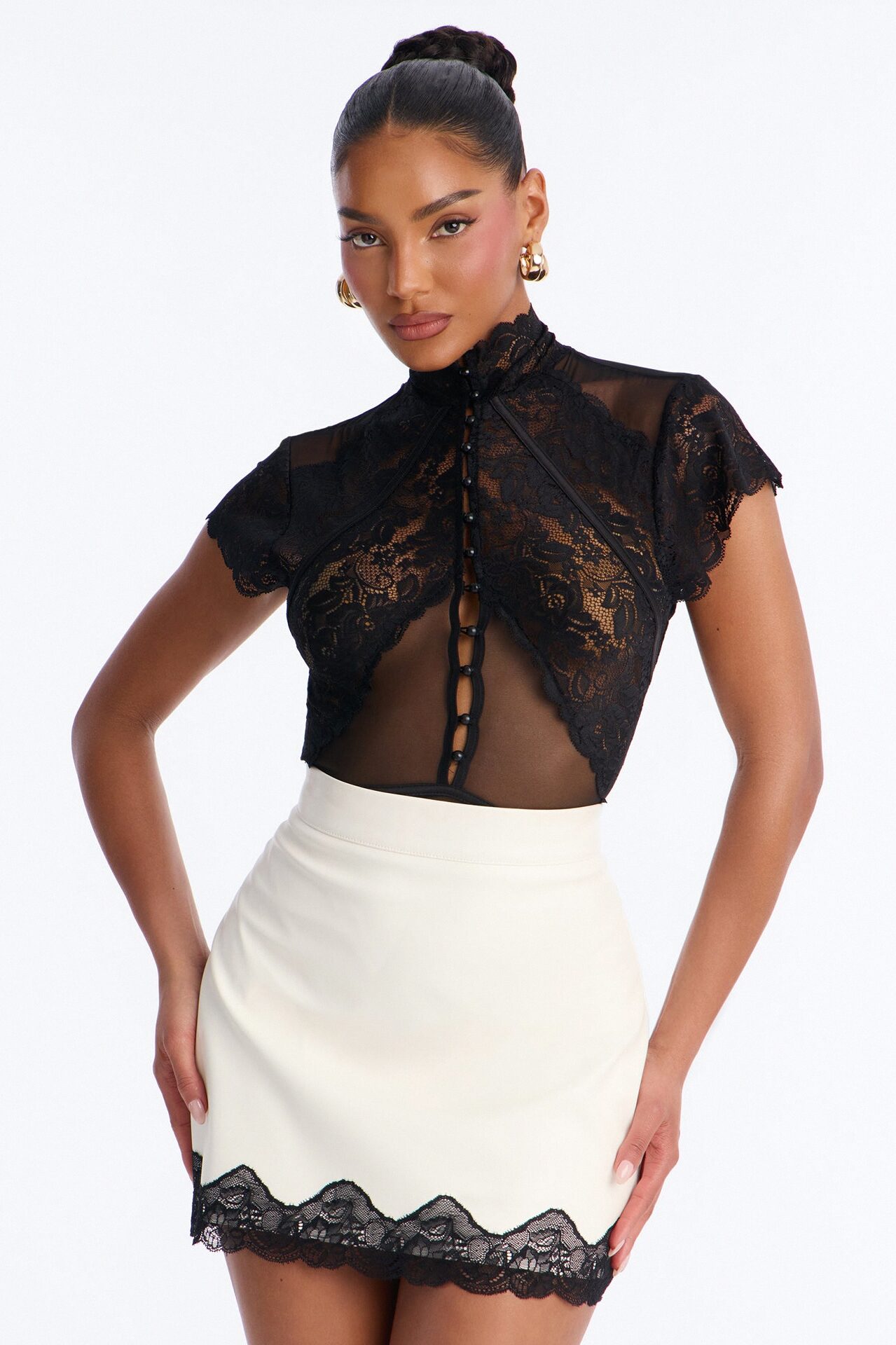 Mirabel Lace Button Up Mock Neck Short Sleeve Bodysuit - Black