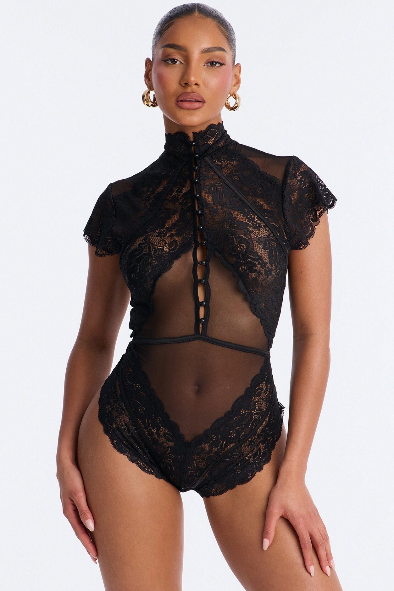 Mirabel Lace Button Up Mock Neck Short Sleeve Bodysuit - Black