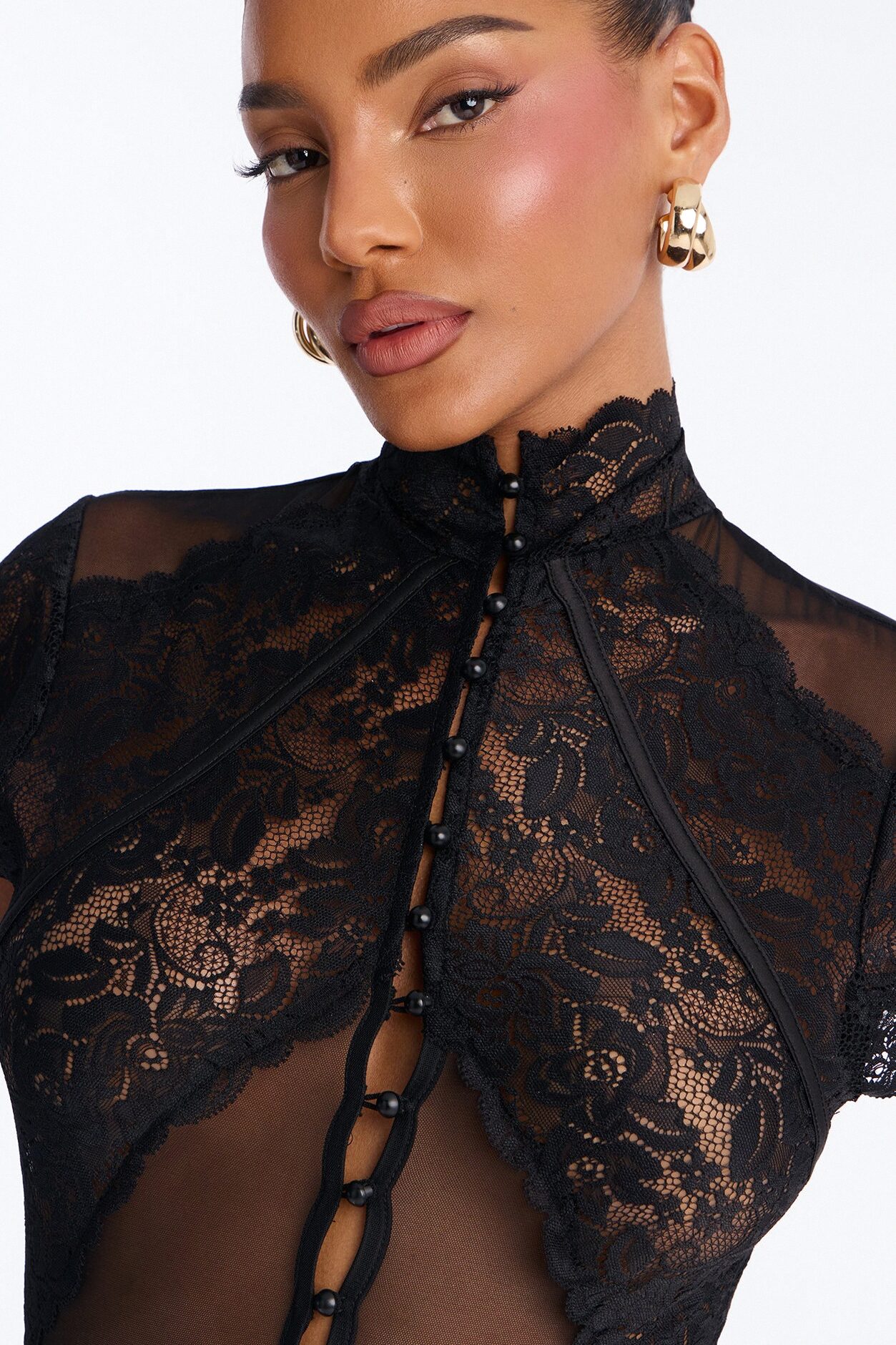 Mirabel Lace Button Up Mock Neck Short Sleeve Bodysuit - Black