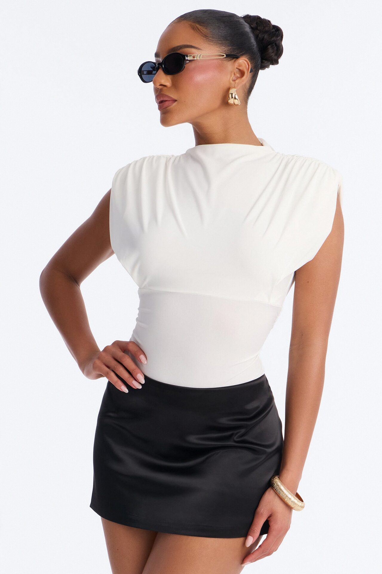 Get Serious Ruched Shoulder Pad Bodysuit - White