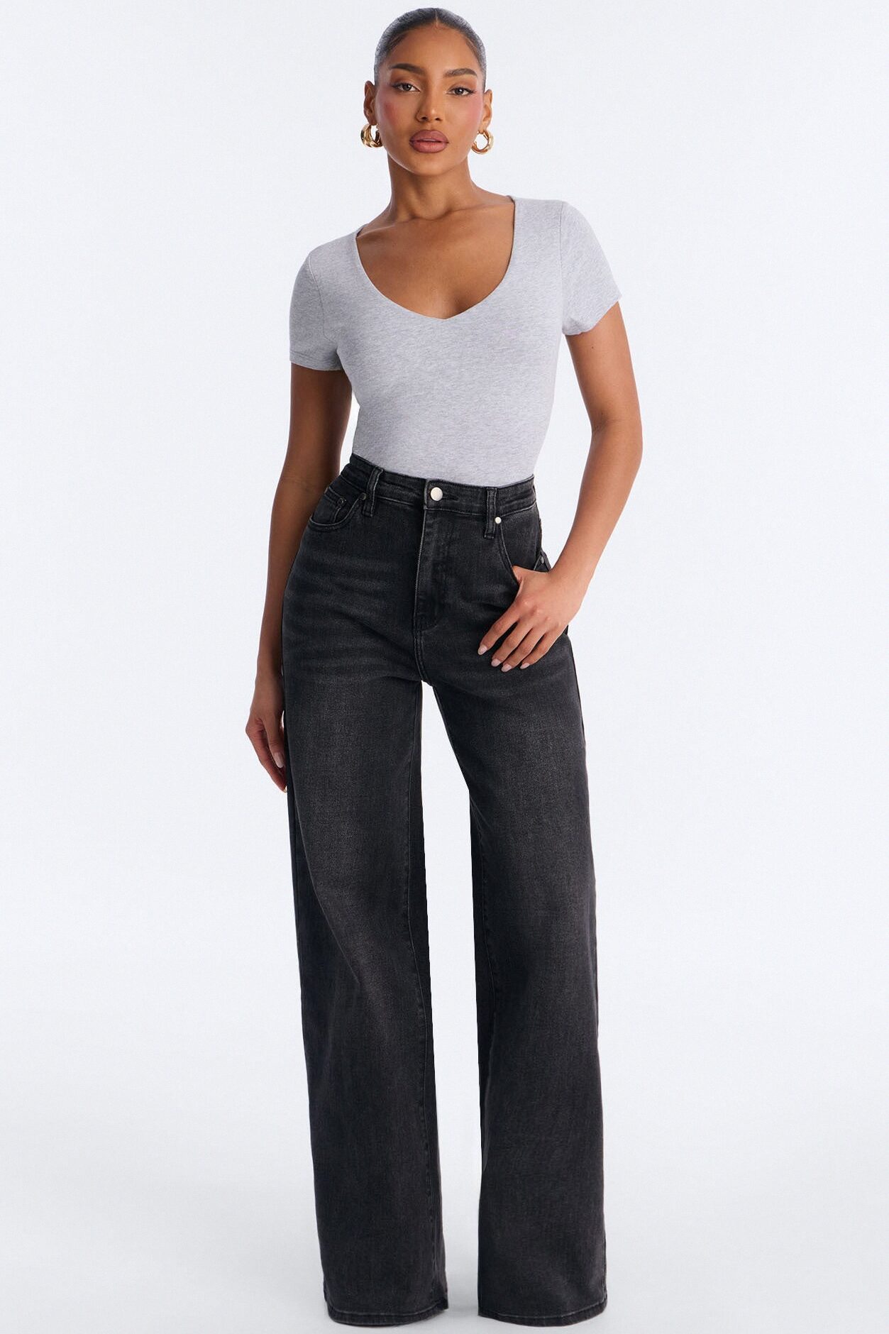 Marion Double Lined V Neck Bodysuit - Heather Grey