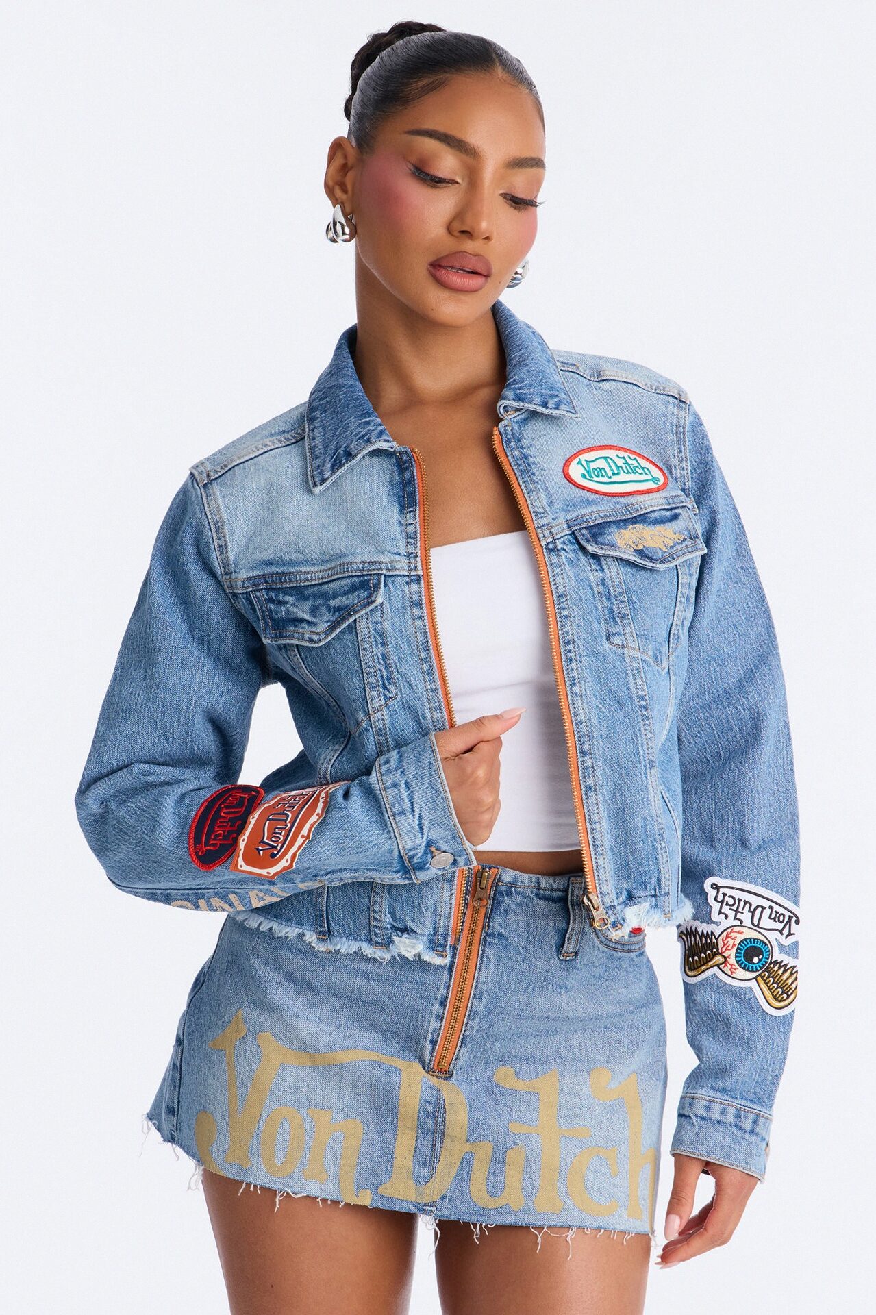 Von Dutch Cropped Zip Front Denim Jacket - Medium Wash