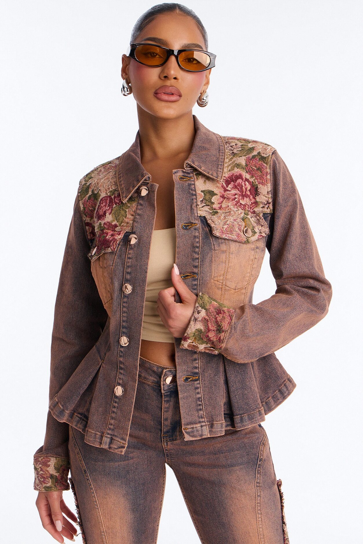 Amari Floral Denim Jacket - Burgundy