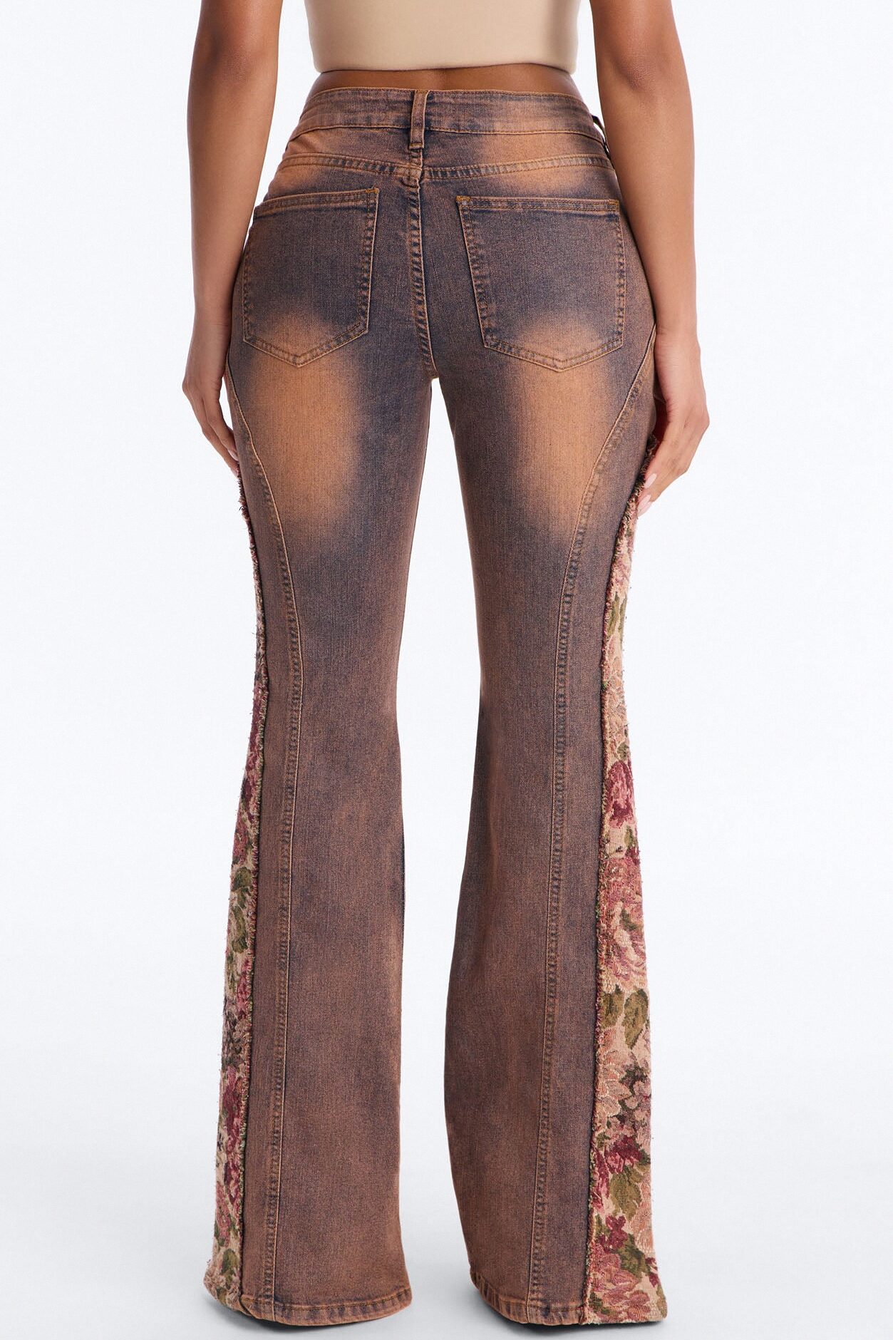 Amari Floral Stretch Low Rise Flare Leg Jeans - Burgundy