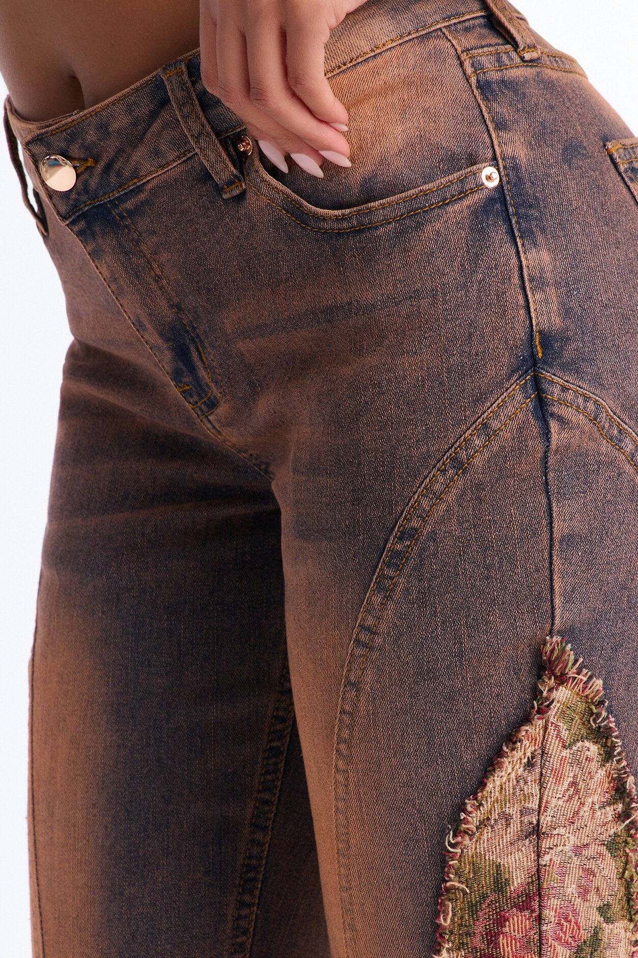 Amari Floral Stretch Low Rise Flare Leg Jeans - Burgundy
